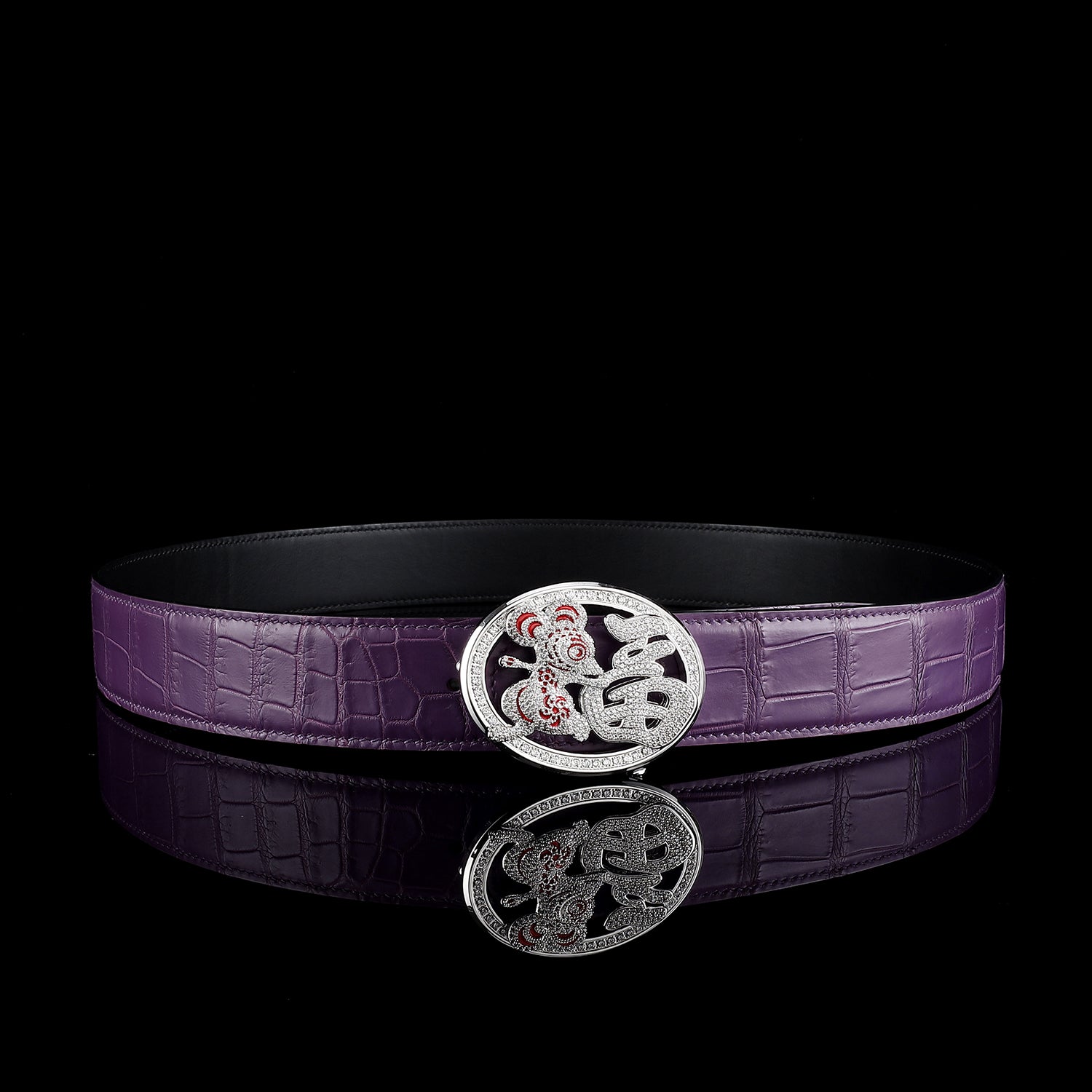 Unusual Fortune Rat Buckle Purple Crocodile Leather Belt