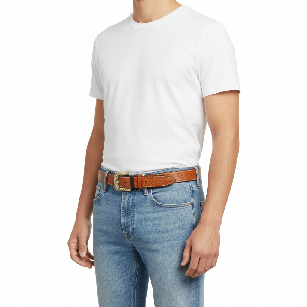 BELTLEY Vintage Belt with Solid Floral Brass Buckle for Men (1.5")