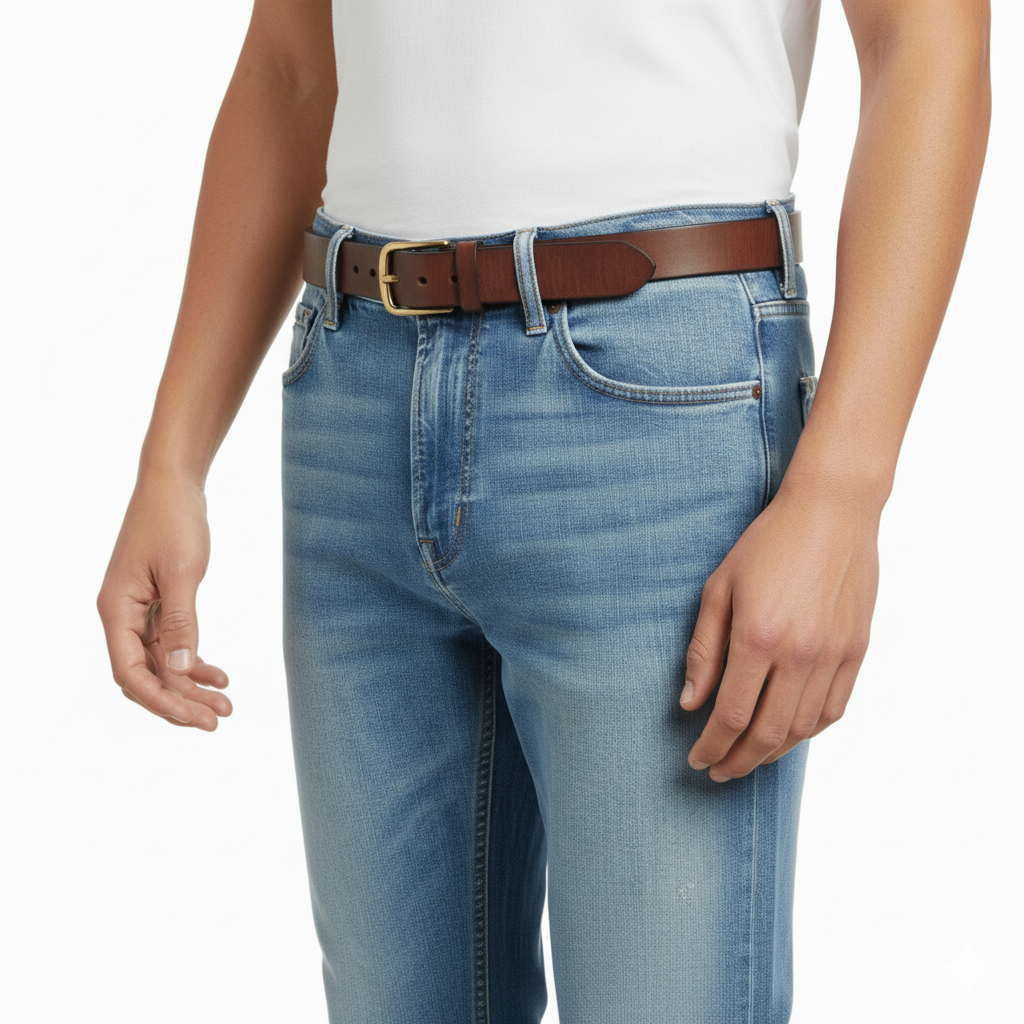 100% Full-Grain Leather with Solid Brass Buckle in Vintage Espresso Brown — side detail | BELTLEY