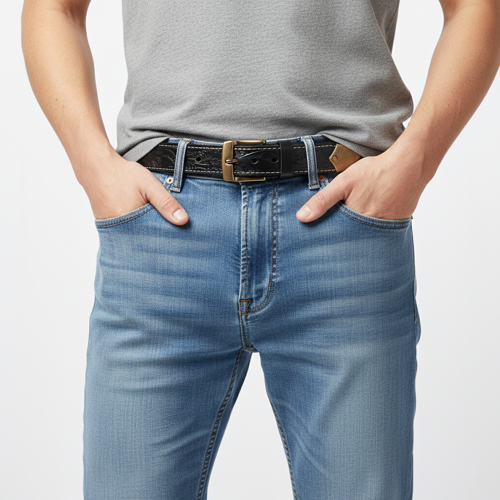 BELTLEY Black Floral Embossed Thick Full-Grain Leather Belt