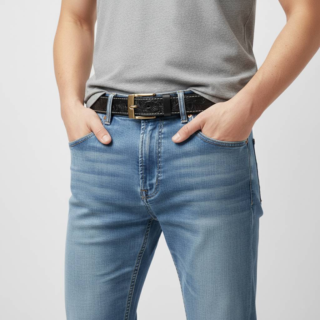 BELTLEY Black Floral Embossed Thick Full-Grain Leather Belt