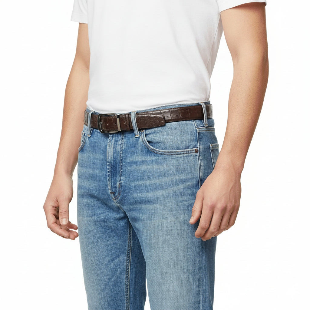 BELTLEY Polished Buckle Crocodile Belt - Espresso Brown 1.38 inches