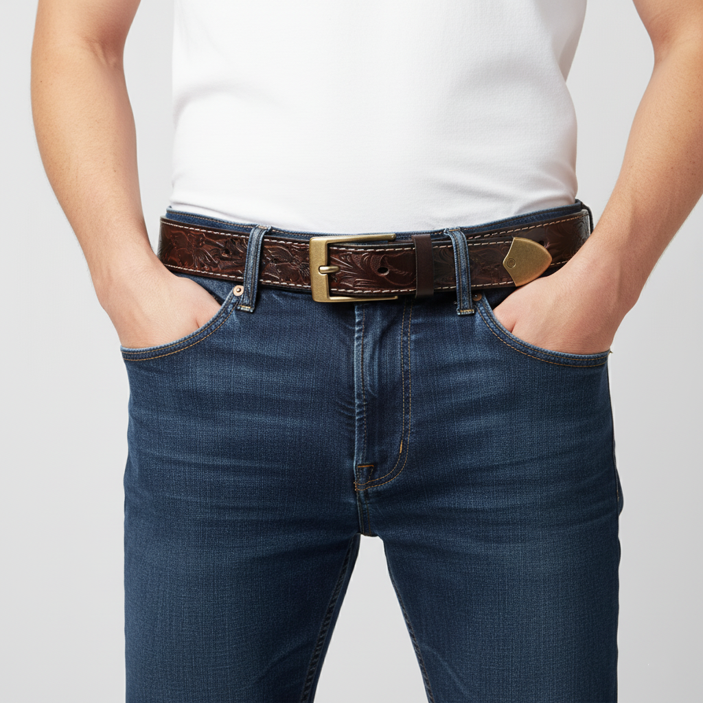 Espresso Brown Flower-Embossed Full-Grain Leather Belt- Durable & Stylish — main product photo | BELTLEY