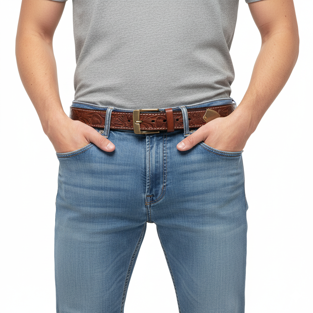 BELTLEY Burgundy Floral Embossed Full-Grain Leather Belt - Thick & Durable