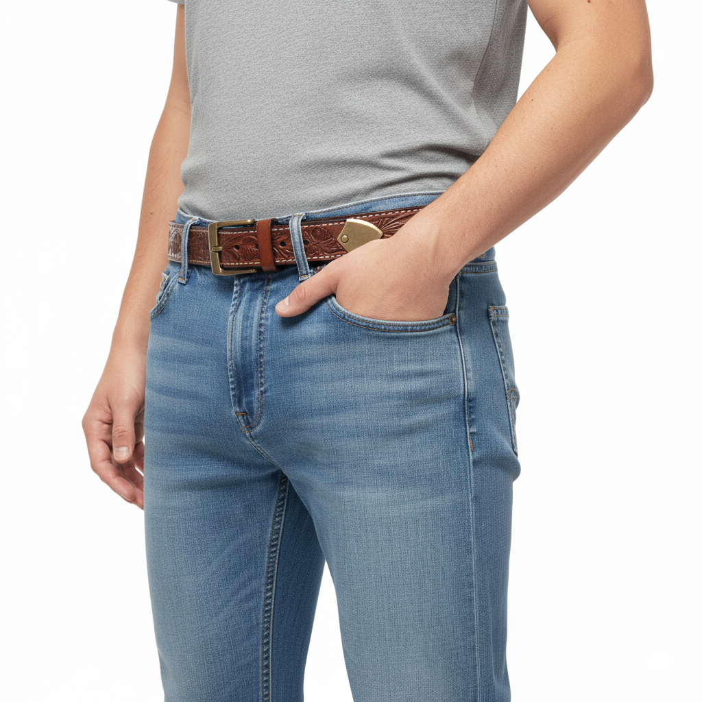 BELTLEY Burgundy Floral Embossed Full-Grain Leather Belt - Thick & Durable