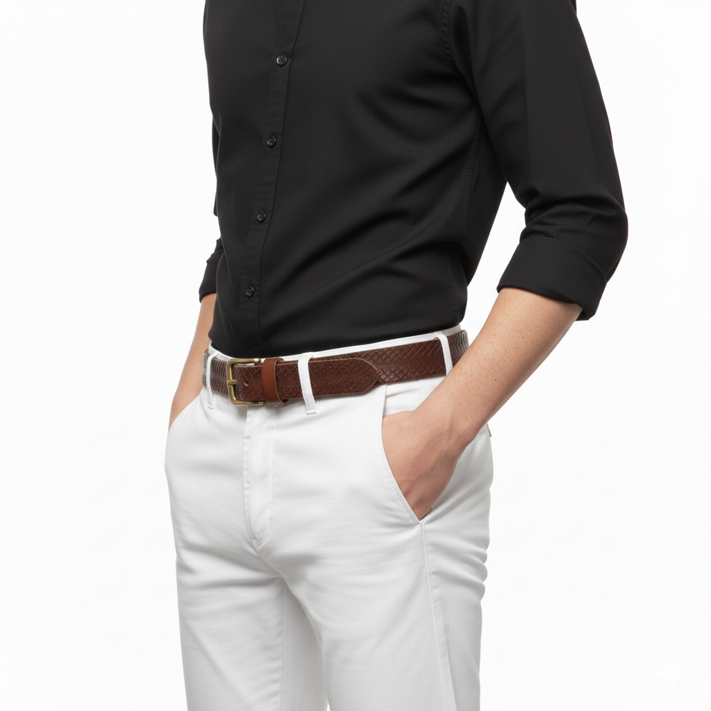 BELTLEY Brown Artisan Leather Belt - Laser-Cut Checkered & Raw Edge&Backing