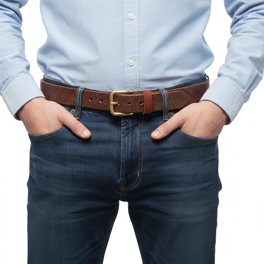 BELTLEY Brown Artisan Leather Belt - Laser-Cut Checkered & Raw Edge&Backing