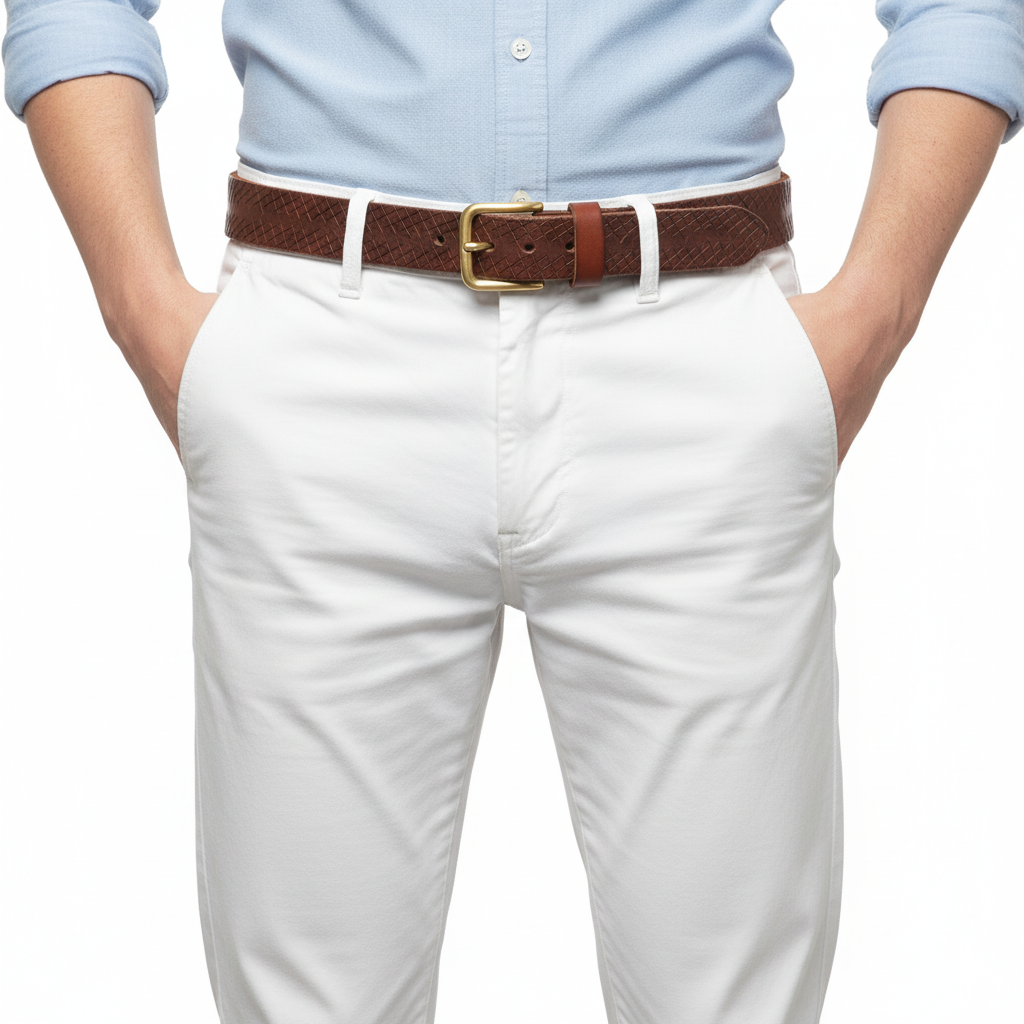 BELTLEY Brown Artisan Leather Belt - Laser-Cut Checkered & Raw Edge&Backing