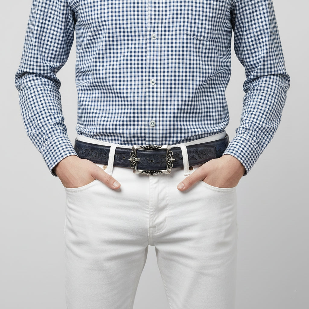 BELTLEY First-Edition Karakusa Midnight Blue Belt -1.5"Artisan Statement