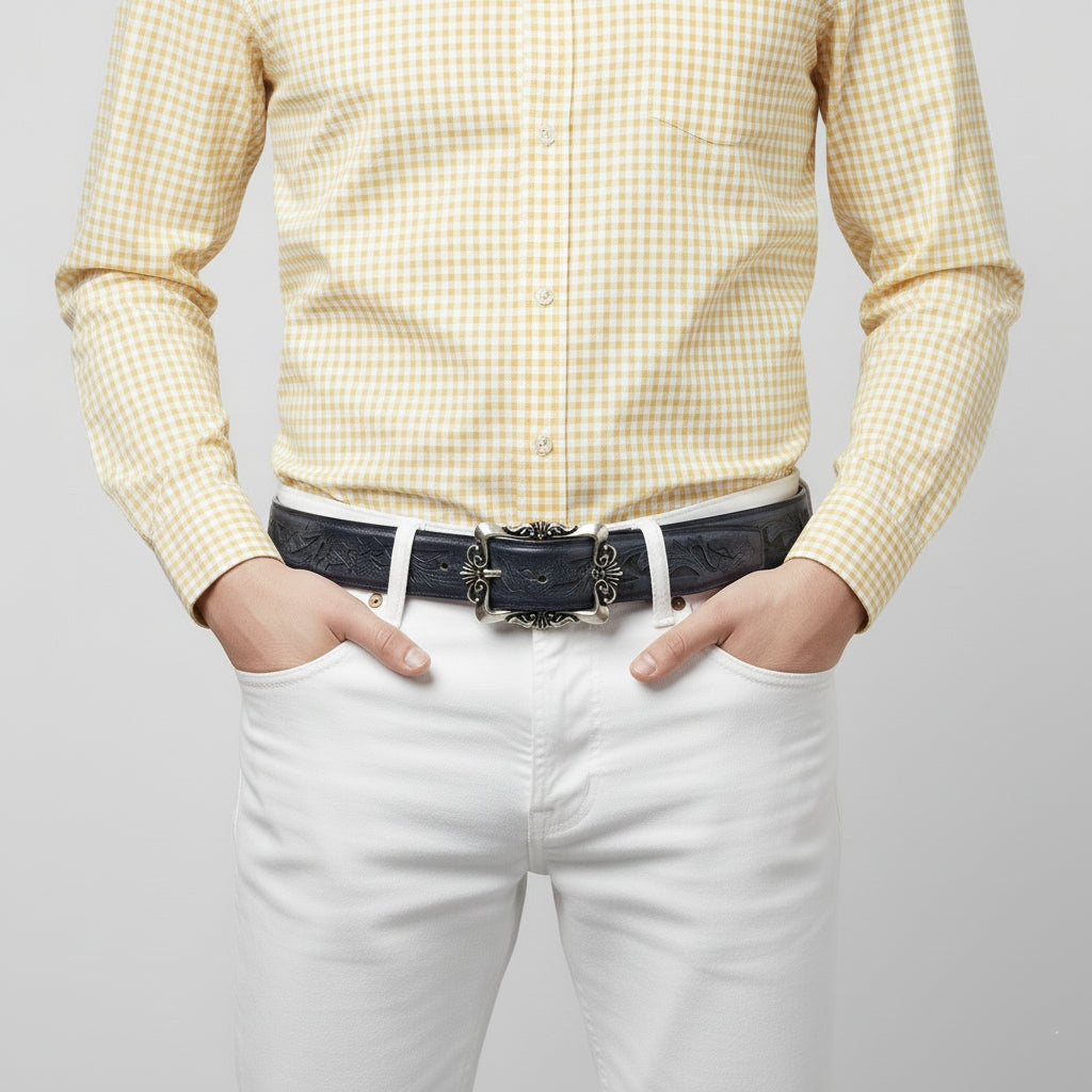 BELTLEY First-Edition Karakusa Midnight Blue Belt -1.5"Artisan Statement