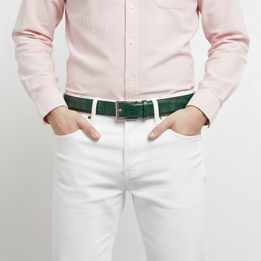 BELTLEY Hand-Dyed Peacock Green Crocodile Belt – 1.38" | Artisan Elegance