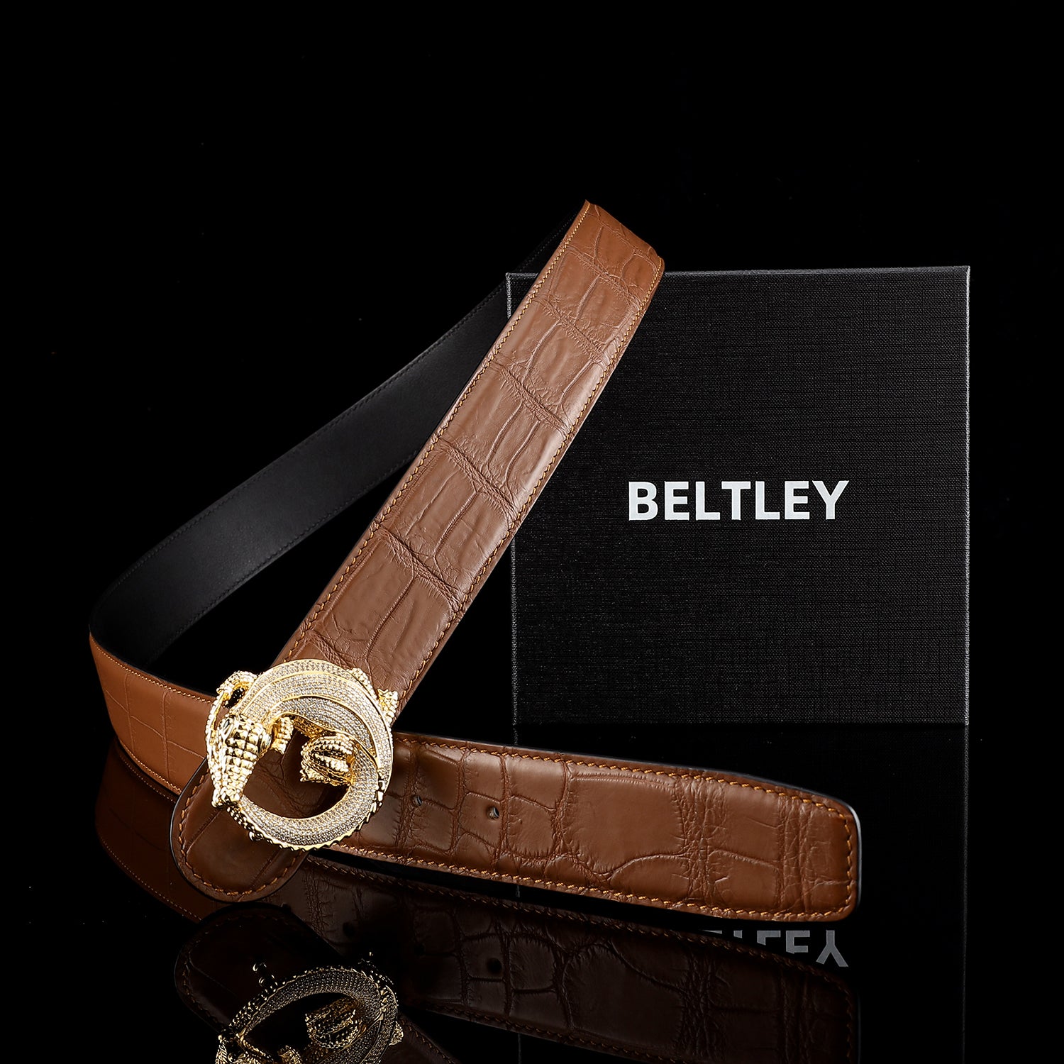Men's Crocodile Leather Belt with 3D Gold Crocodile Buckle