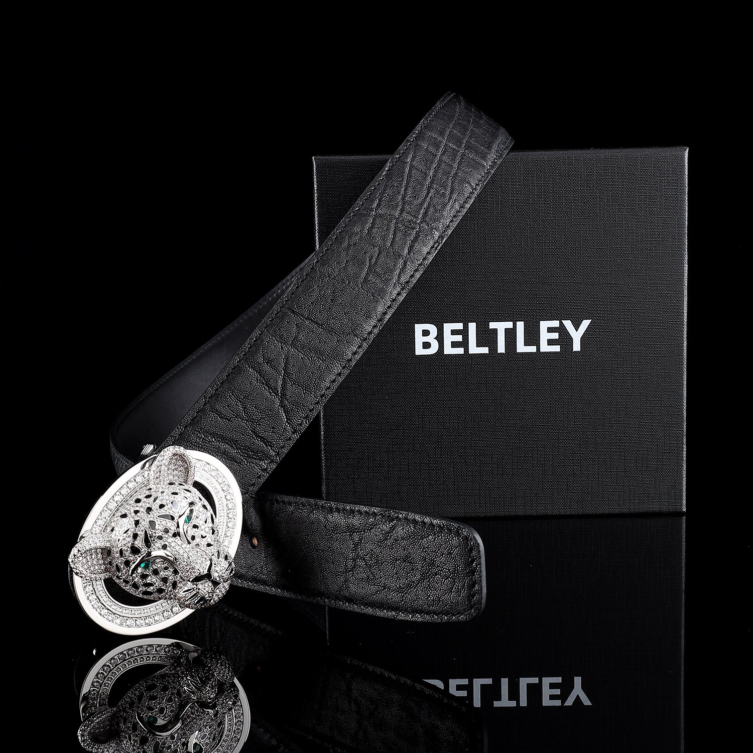 BELTLEY Black Elephant Leather Belt - 3D Silver Leopard Head Buckle 1.5 inches