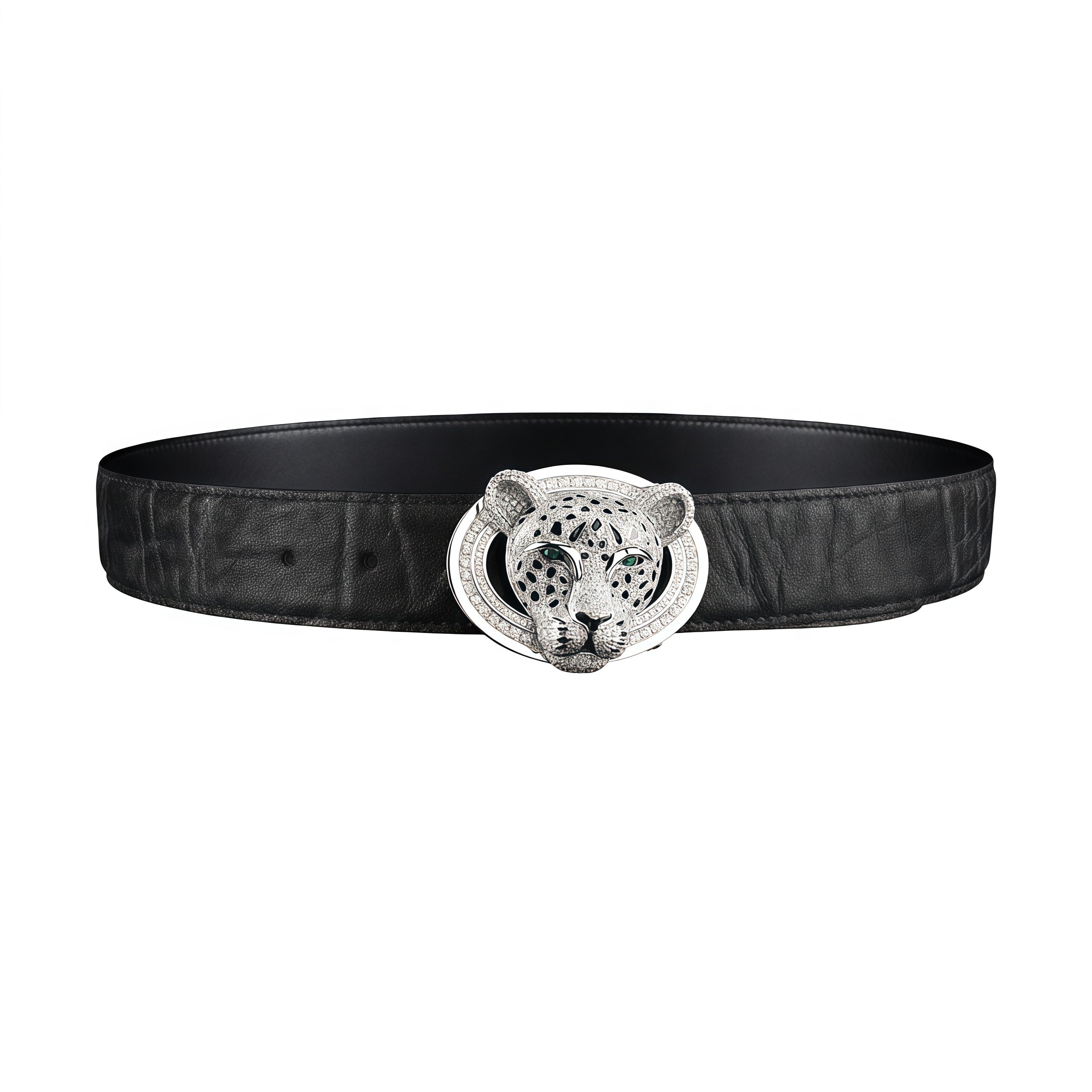 BELTLEY Black Elephant Leather Belt - 3D Silver Leopard Head Buckle 1.5 inches