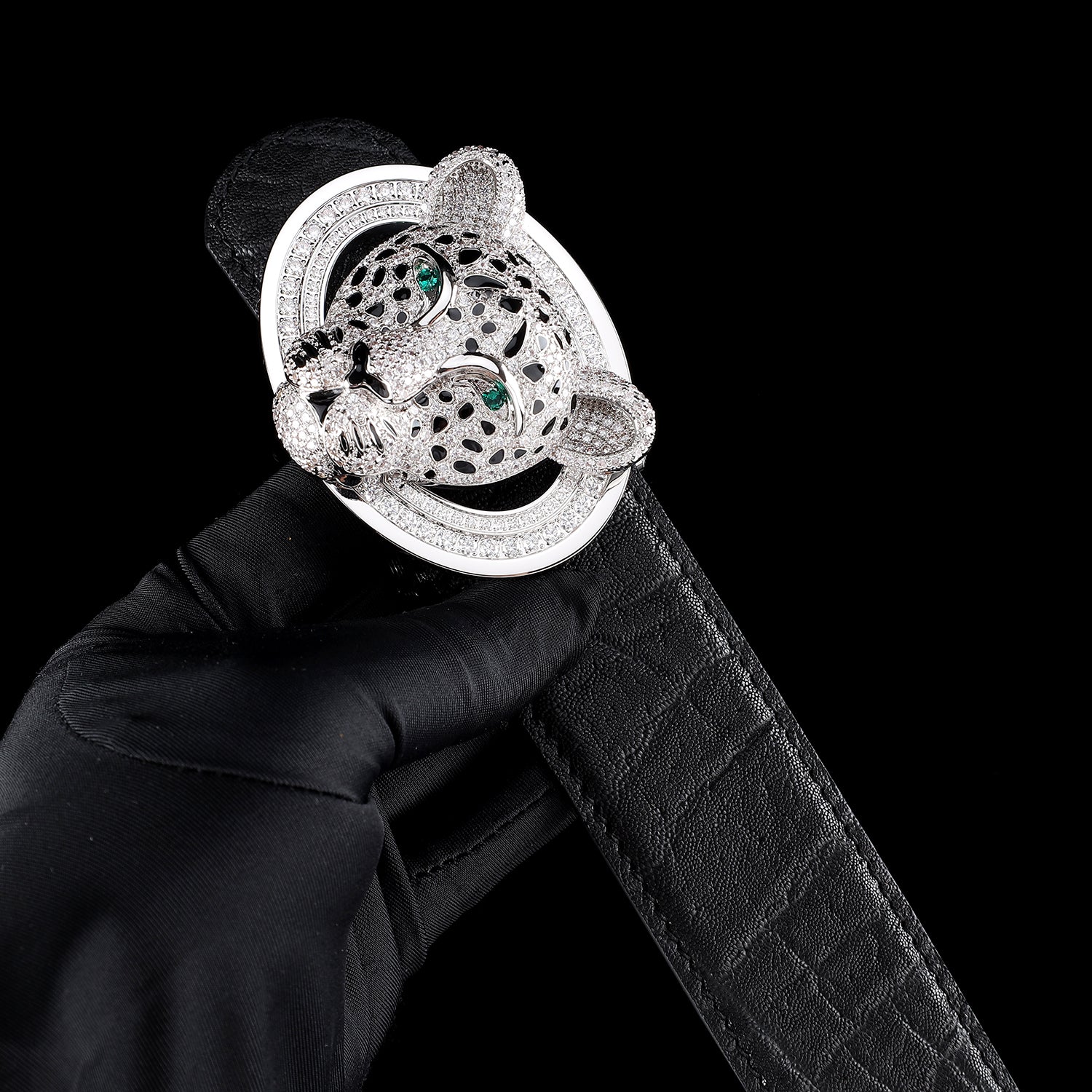 BELTLEY Black Elephant Leather Belt - 3D Silver Leopard Head Buckle 1.5 inches