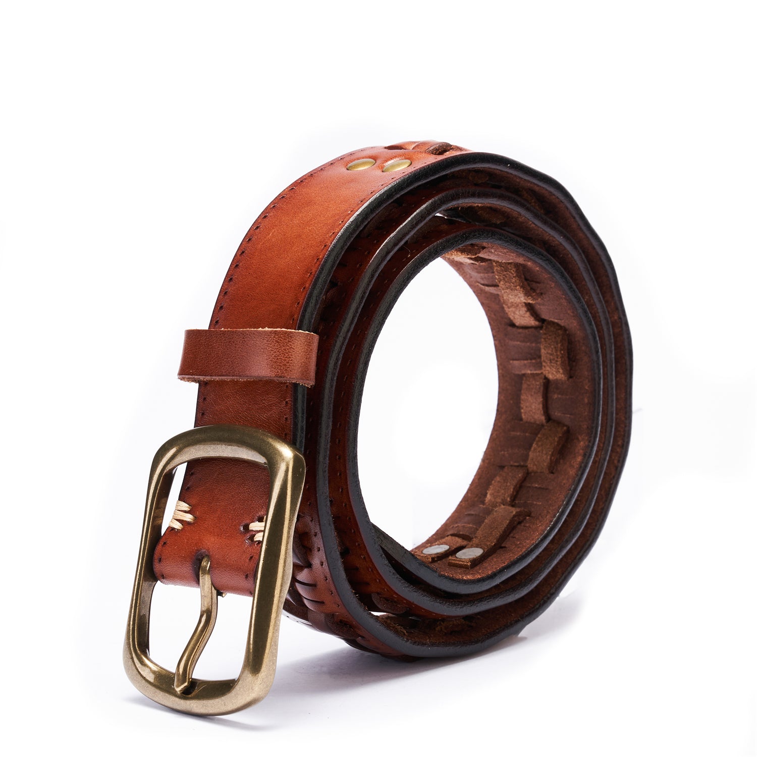 Artisan Braided Leather Belt | Solid Copper Buckle • Vintage Saddle Brown