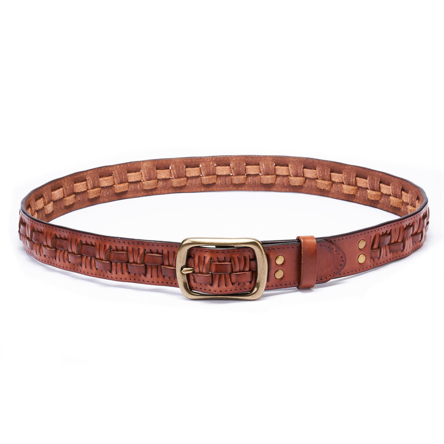 Artisan Braided Leather Belt | Solid Copper Buckle • Vintage Saddle Brown