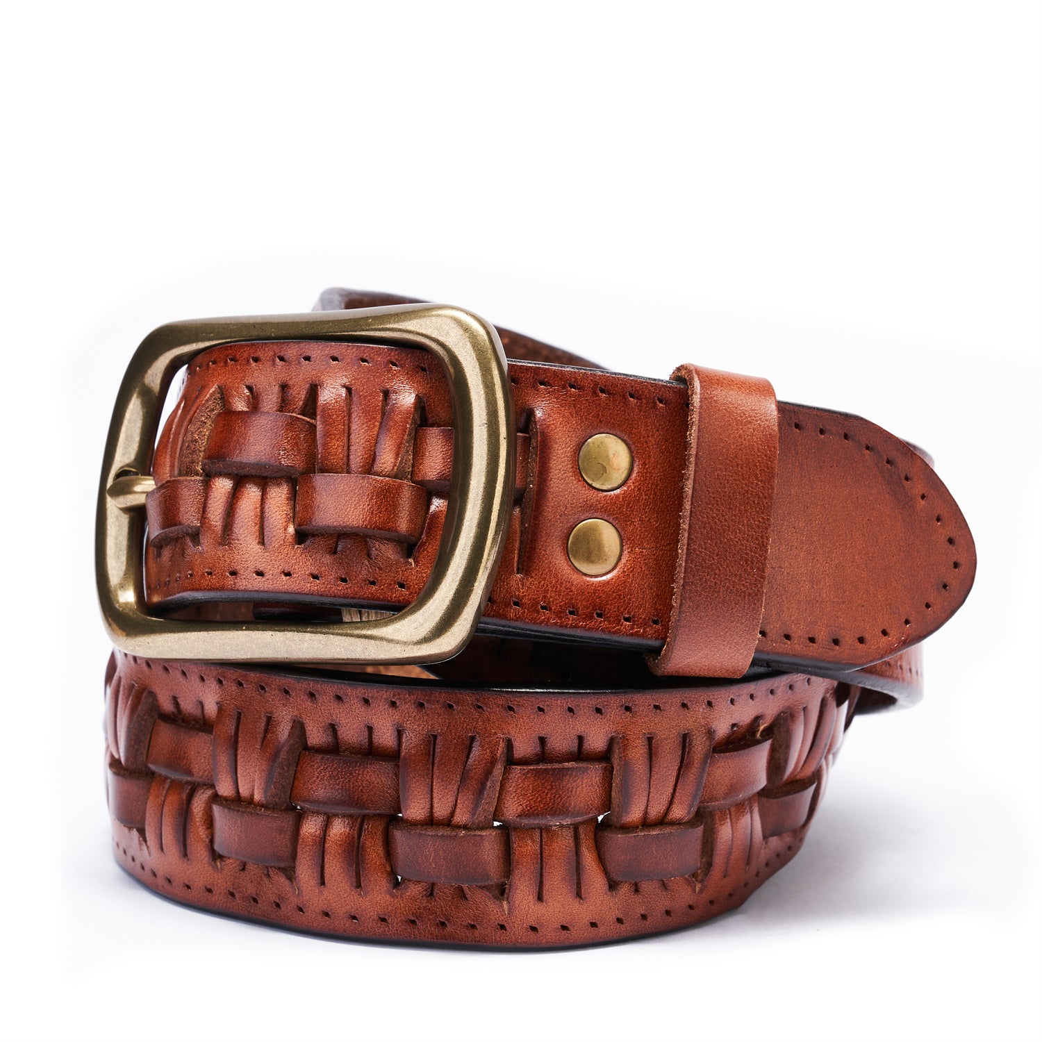 Artisan Braided Leather Belt | Solid Copper Buckle • Vintage Saddle Brown