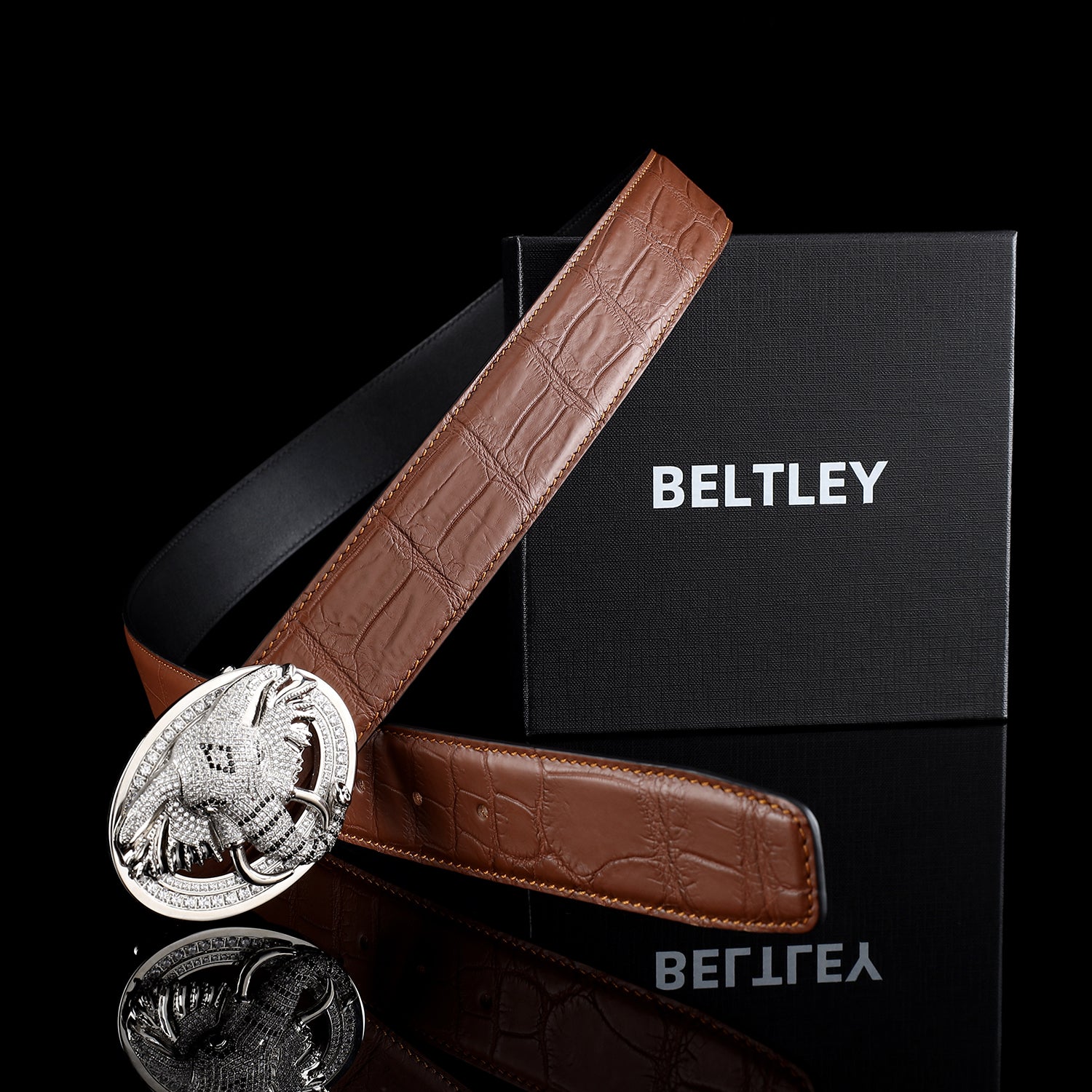 BELTLEY 3D Elephant Buckle Belt with Brown Crocodile Leather Strap