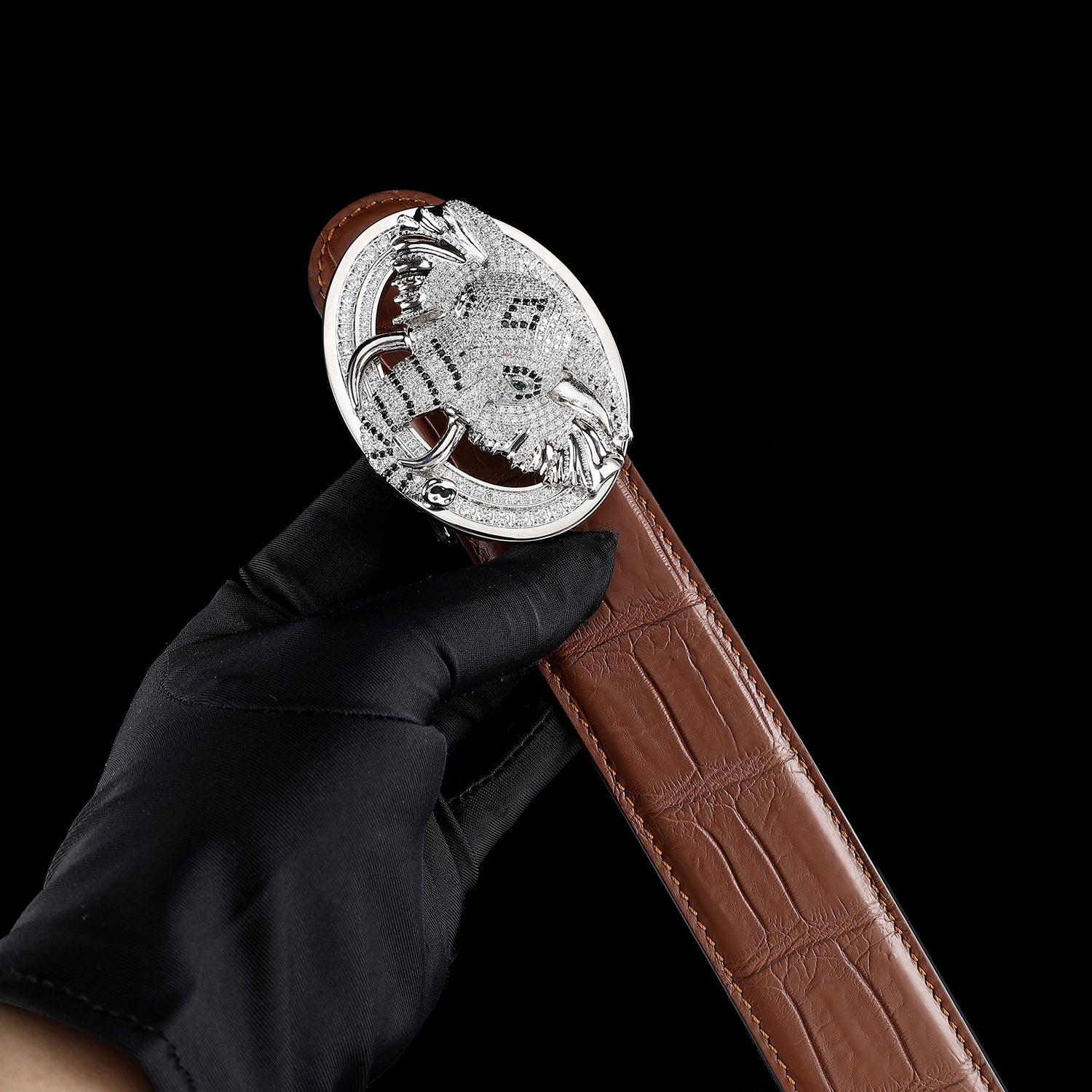 BELTLEY 3D Elephant Buckle Belt with Brown Crocodile Leather Strap