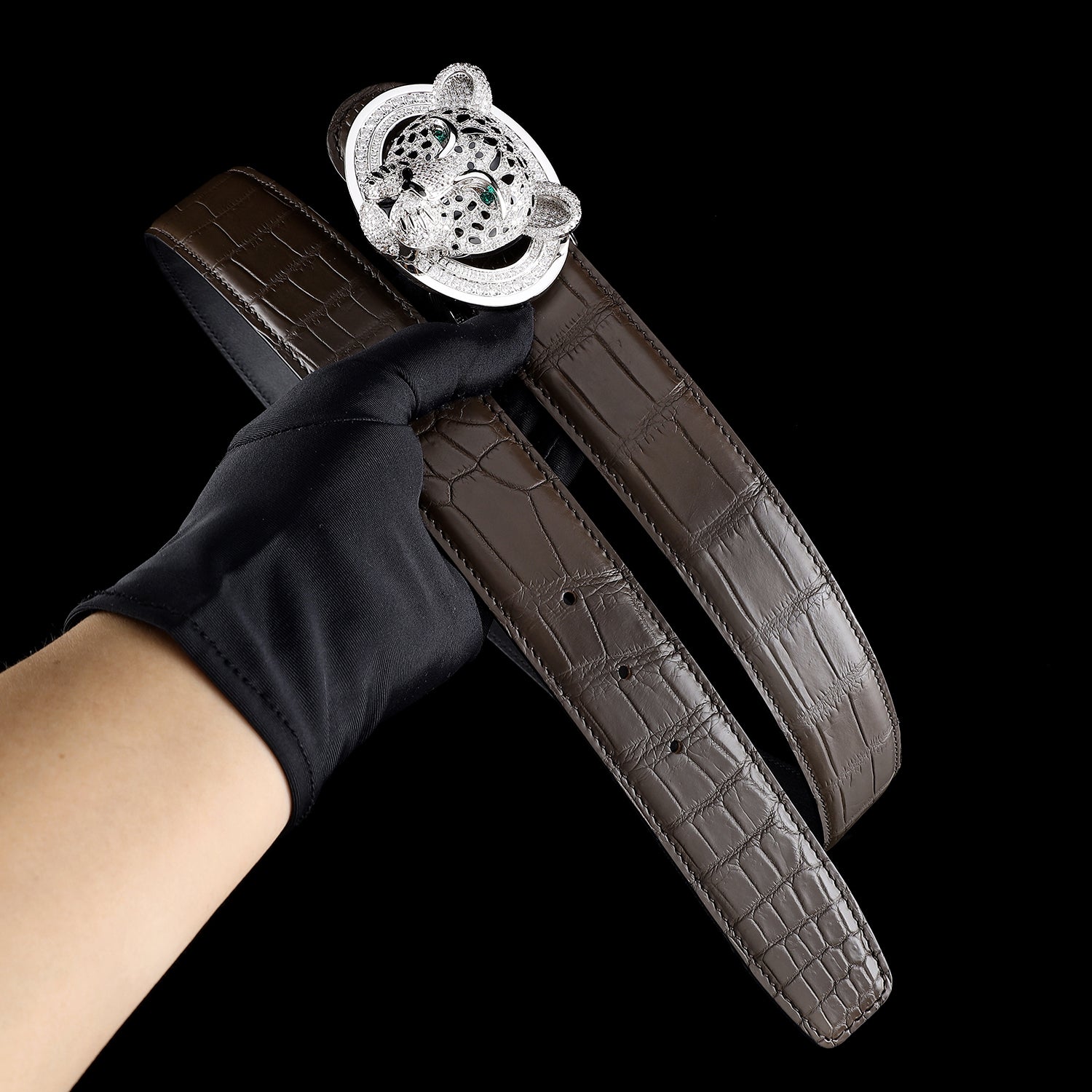 BELTLEY 3D Leopard Buckle Espresso Crocodile Belt