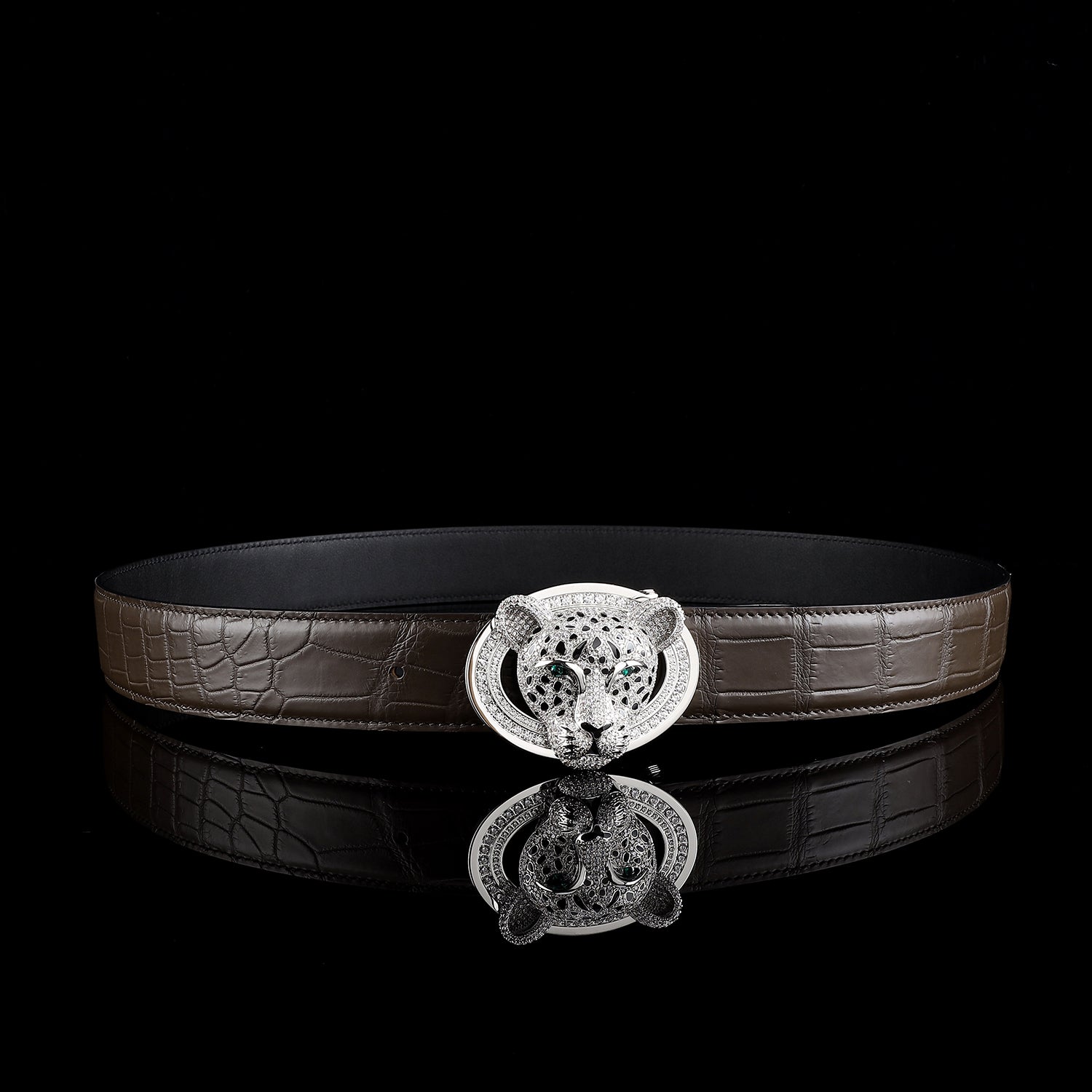 BELTLEY 3D Leopard Buckle Espresso Crocodile Belt