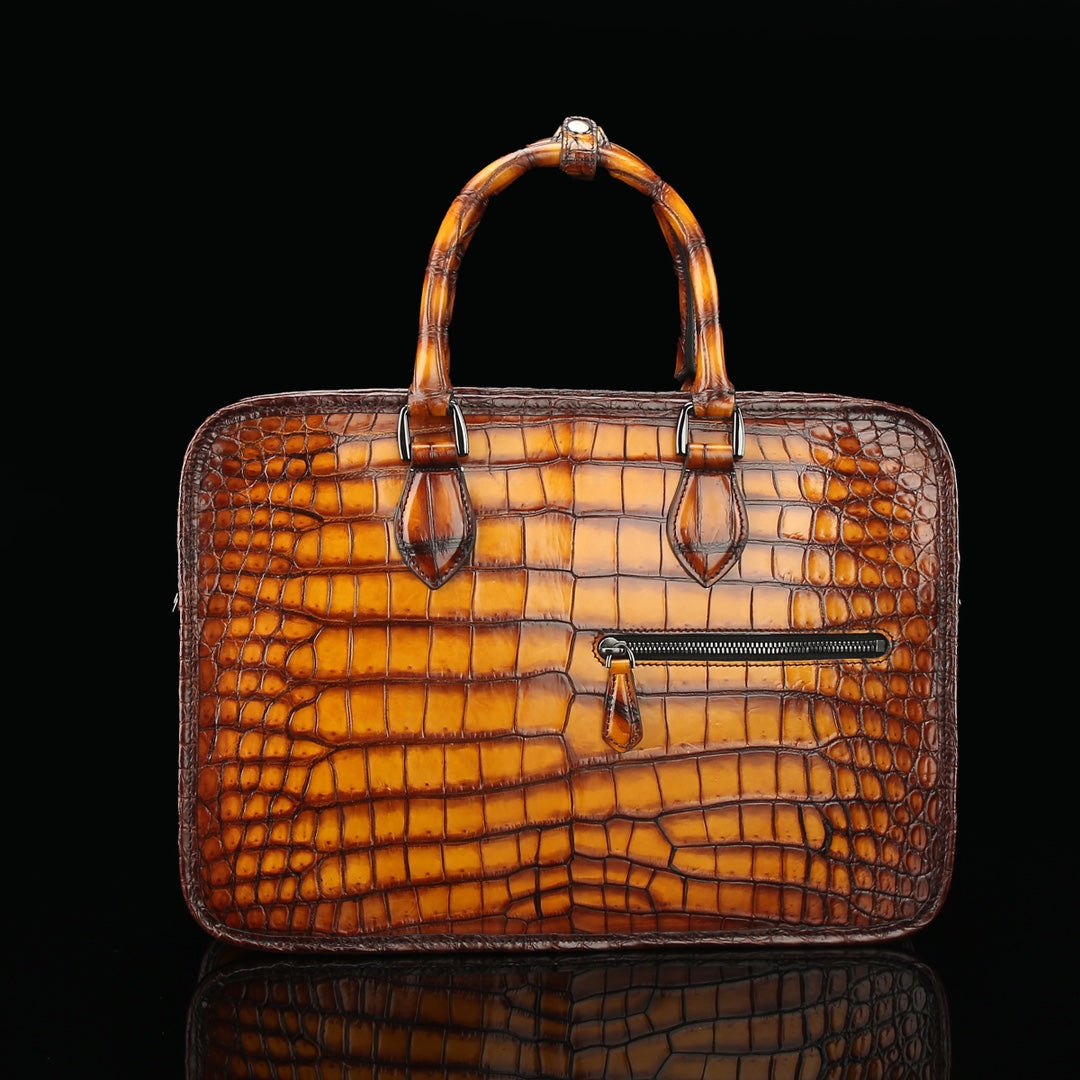 BELTLEY Artisan Patina Crocodile Briefcase | Hand-Rubbed Tan Business Bag