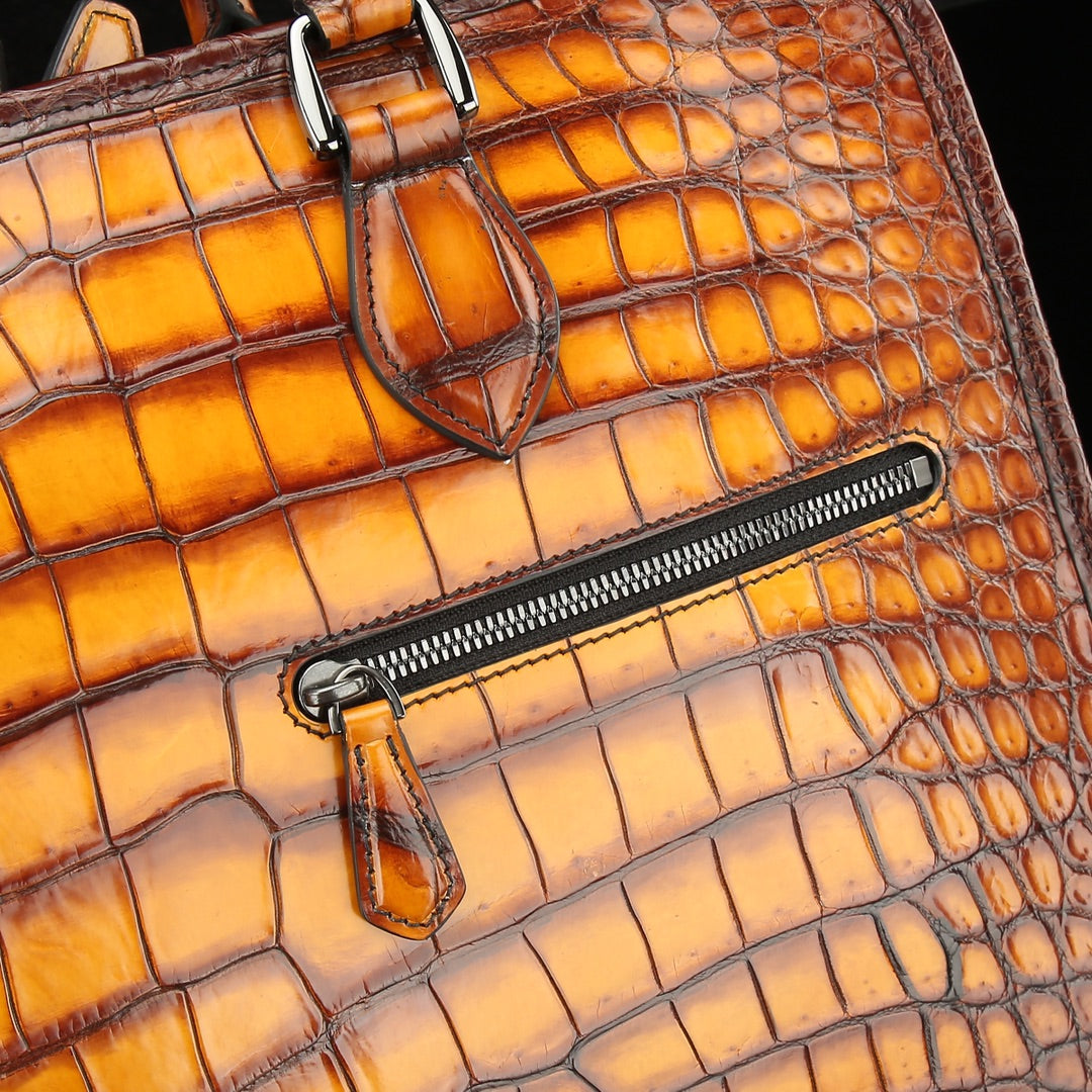 BELTLEY Artisan Patina Crocodile Briefcase | Hand-Rubbed Tan Business Bag