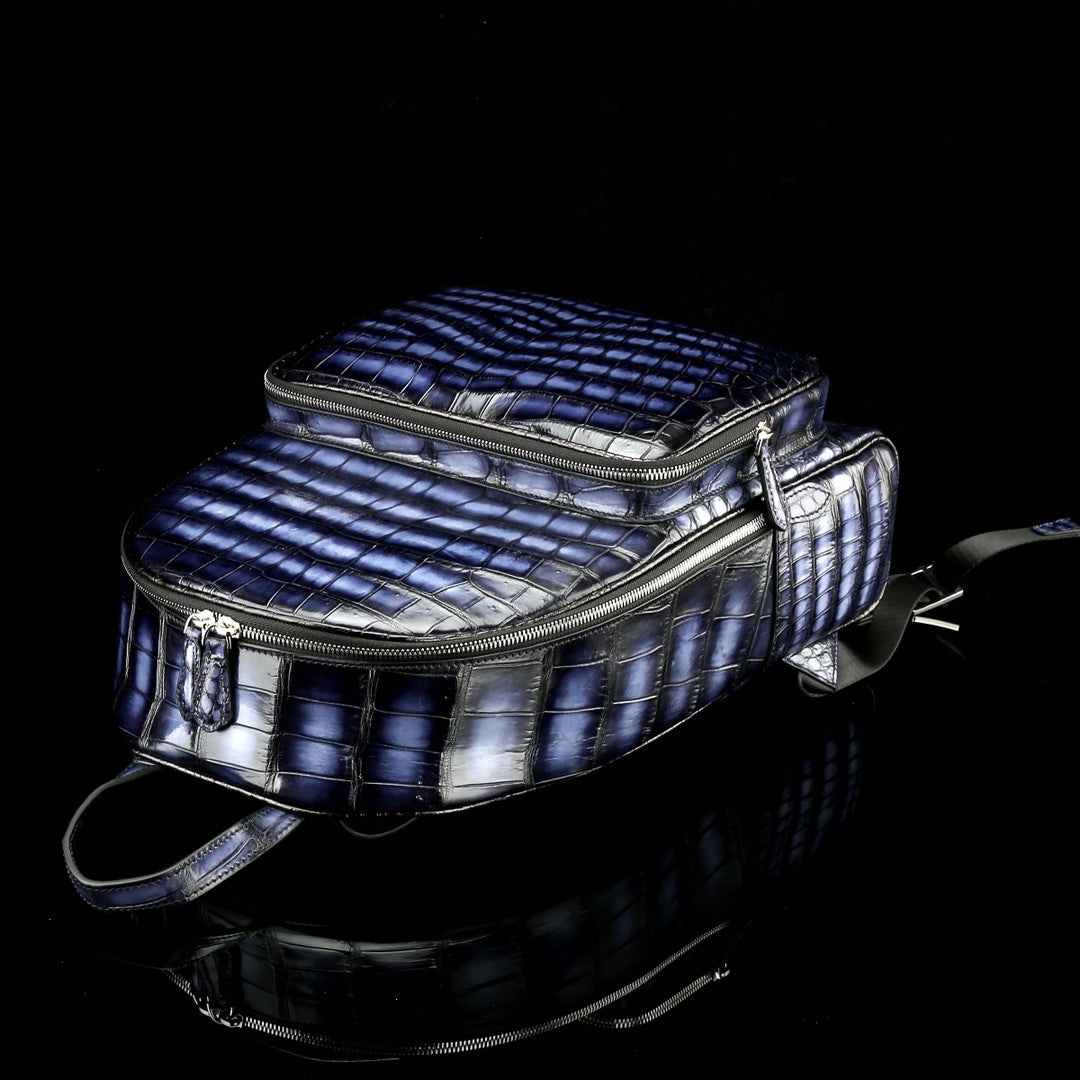BELTLEY Artisanal French Patina Nile Crocodile Belly Backpack – Midnight Blue