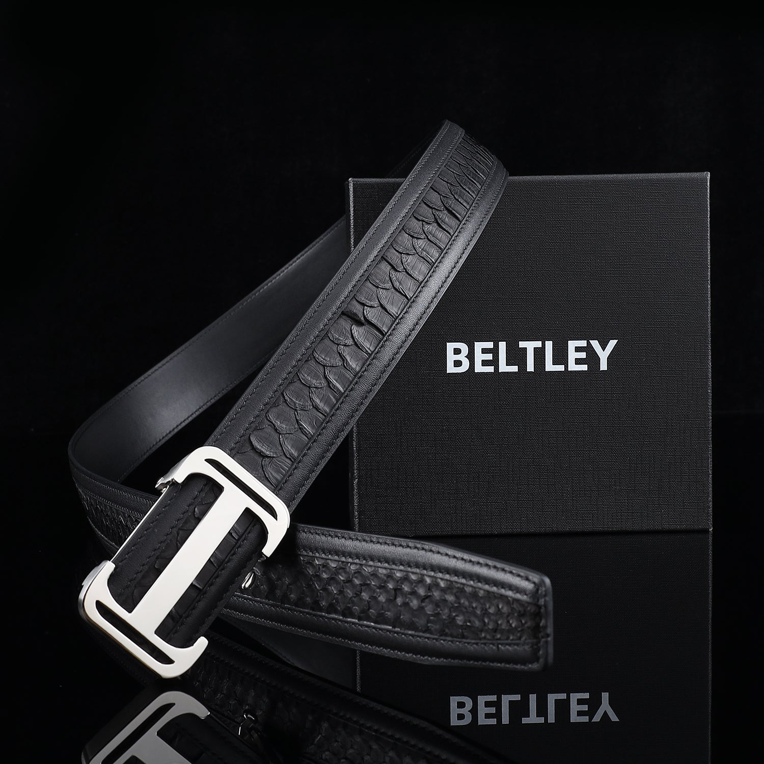 BELTLEY Authentic Black Python Leather Automatic Belt