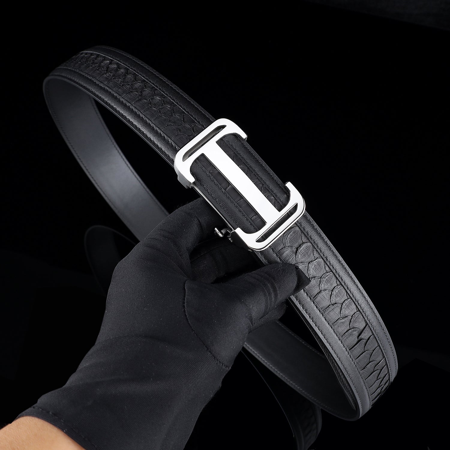 BELTLEY Authentic Black Python Leather Automatic Belt