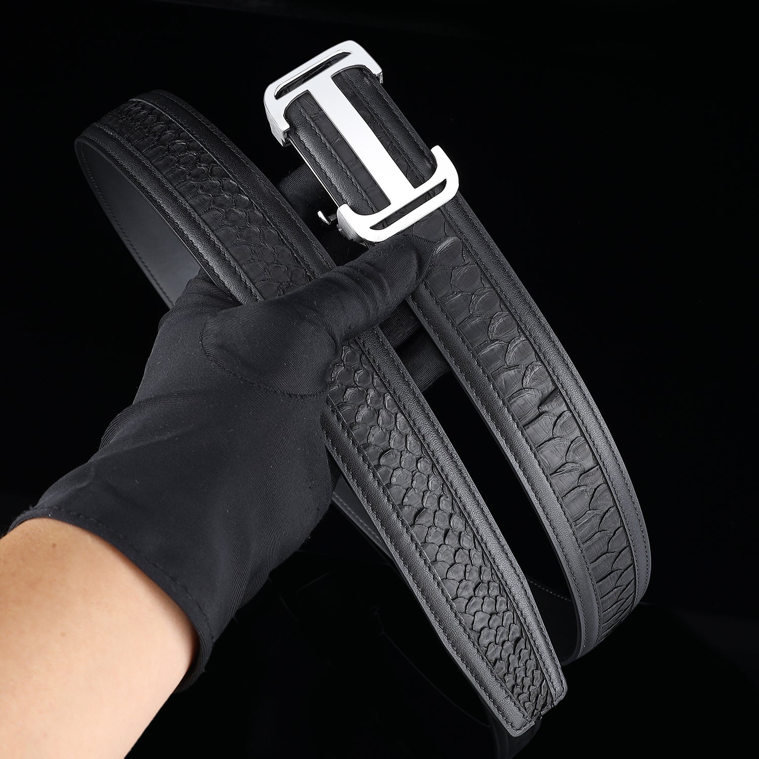 BELTLEY Authentic Black Python Leather Automatic Belt