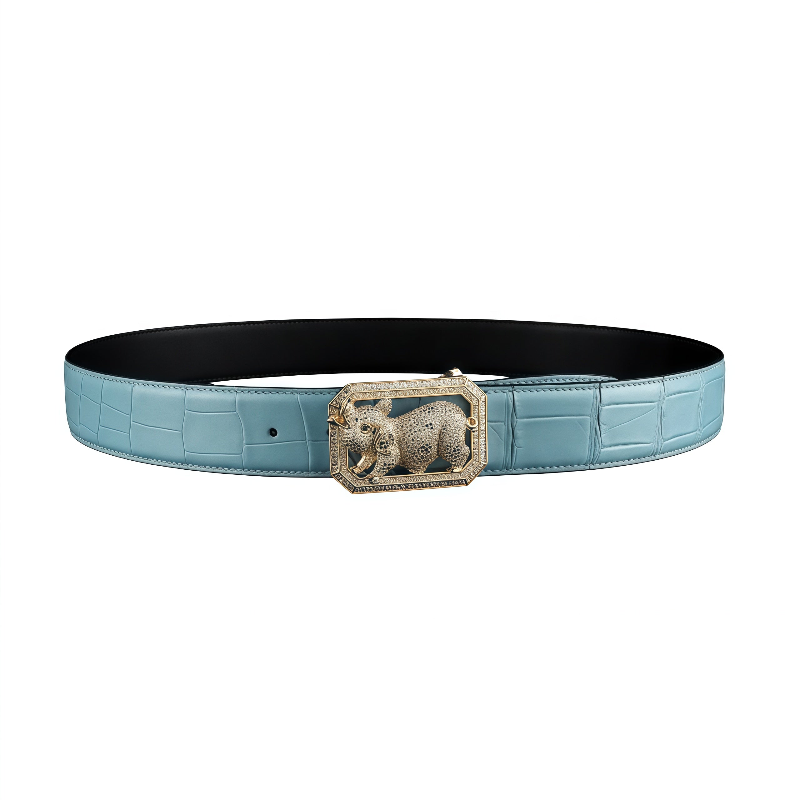 BELTLEY Authentic Blue Crocodile Leather Belt with Pig Buckle