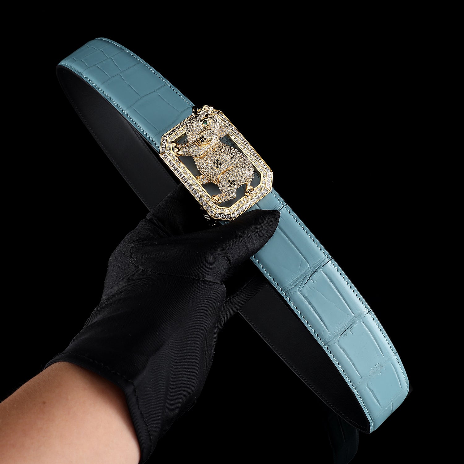 BELTLEY Authentic Blue Crocodile Leather Belt with Pig Buckle