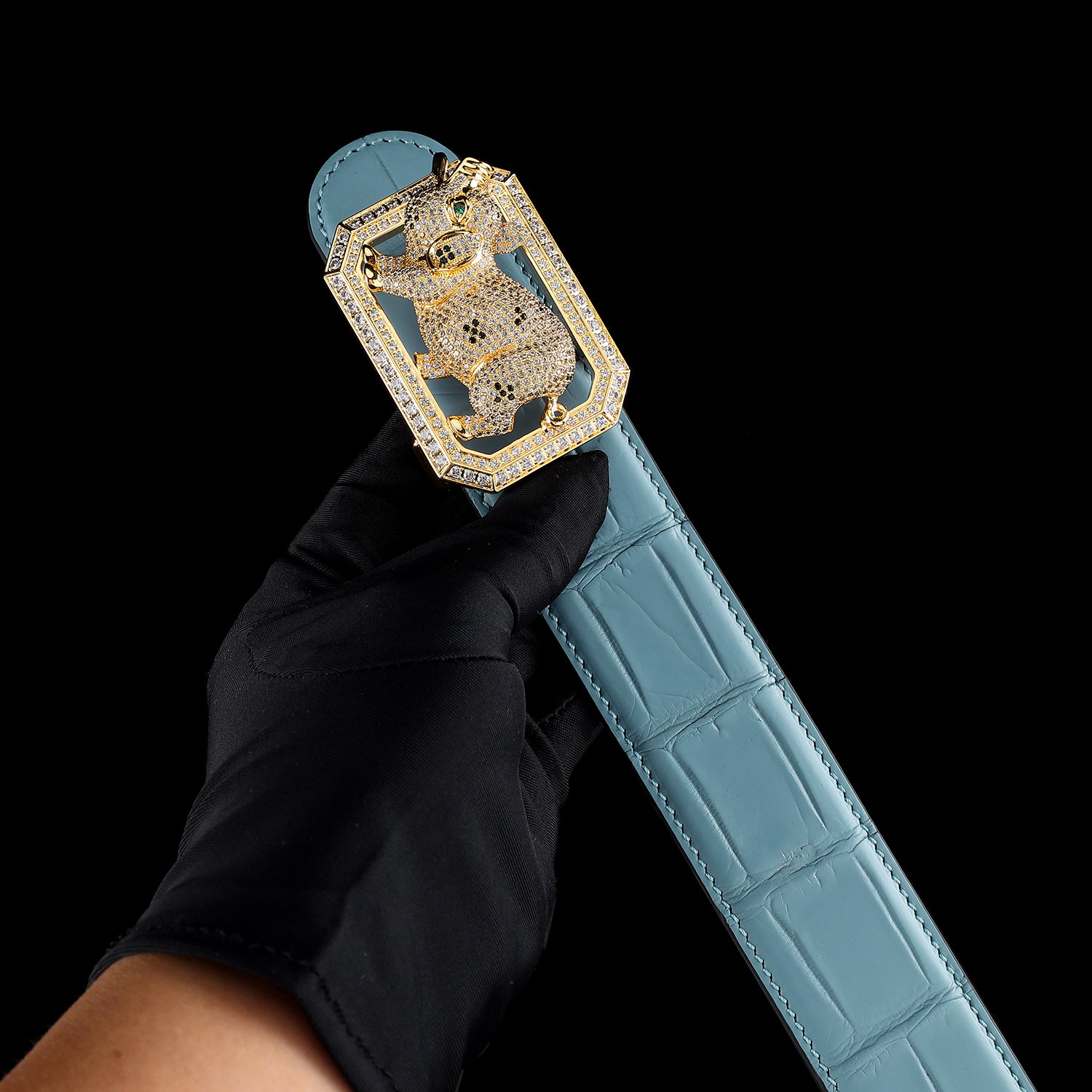 BELTLEY Authentic Blue Crocodile Leather Belt with Pig Buckle