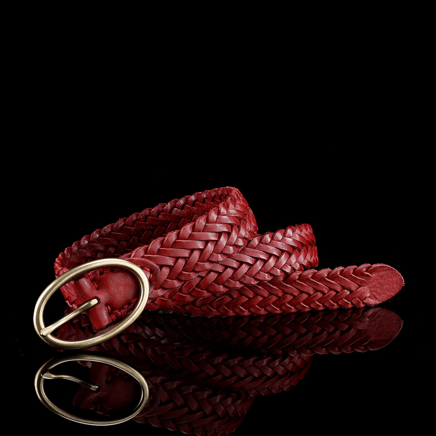 BELTLEY Basket Weave Leather Belt in Vintage Red For Women