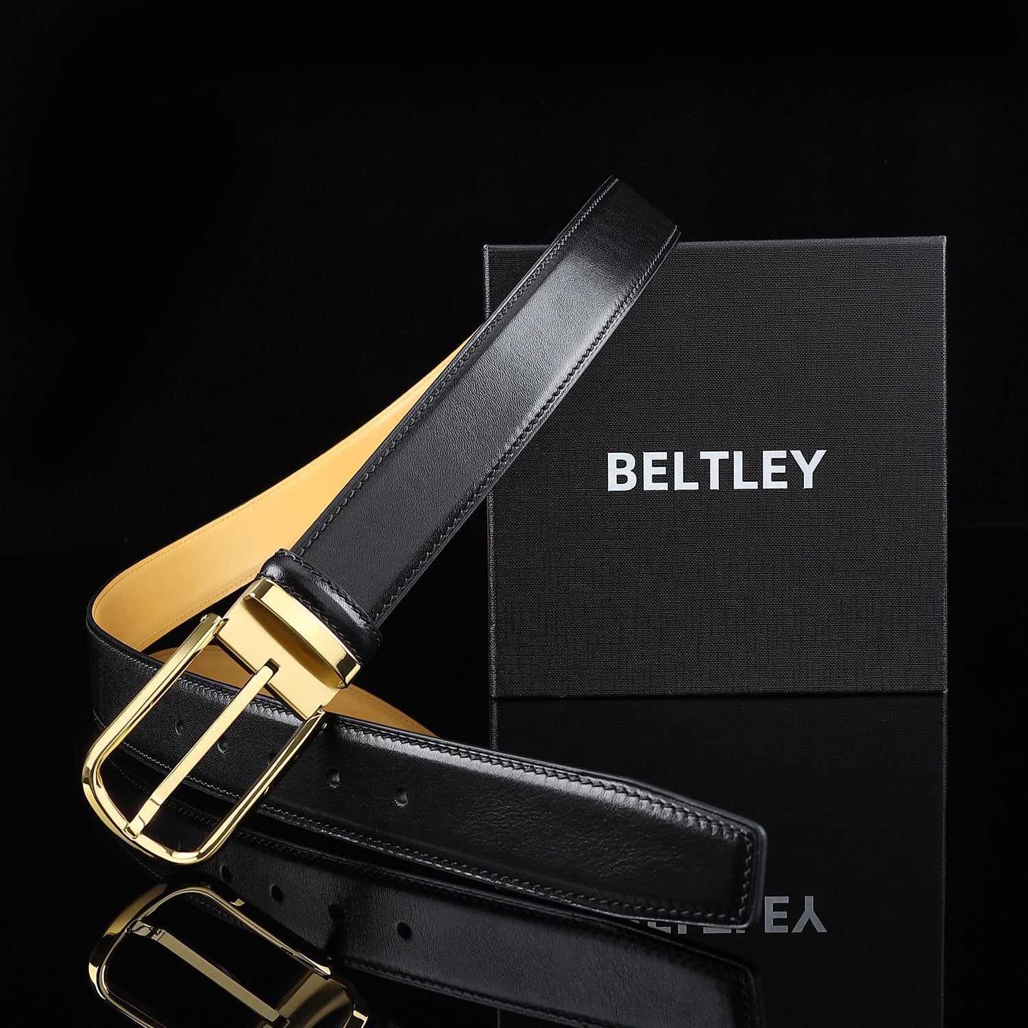 BELTLEY Black Calfskin Dress Belt 1.38" Business Casual