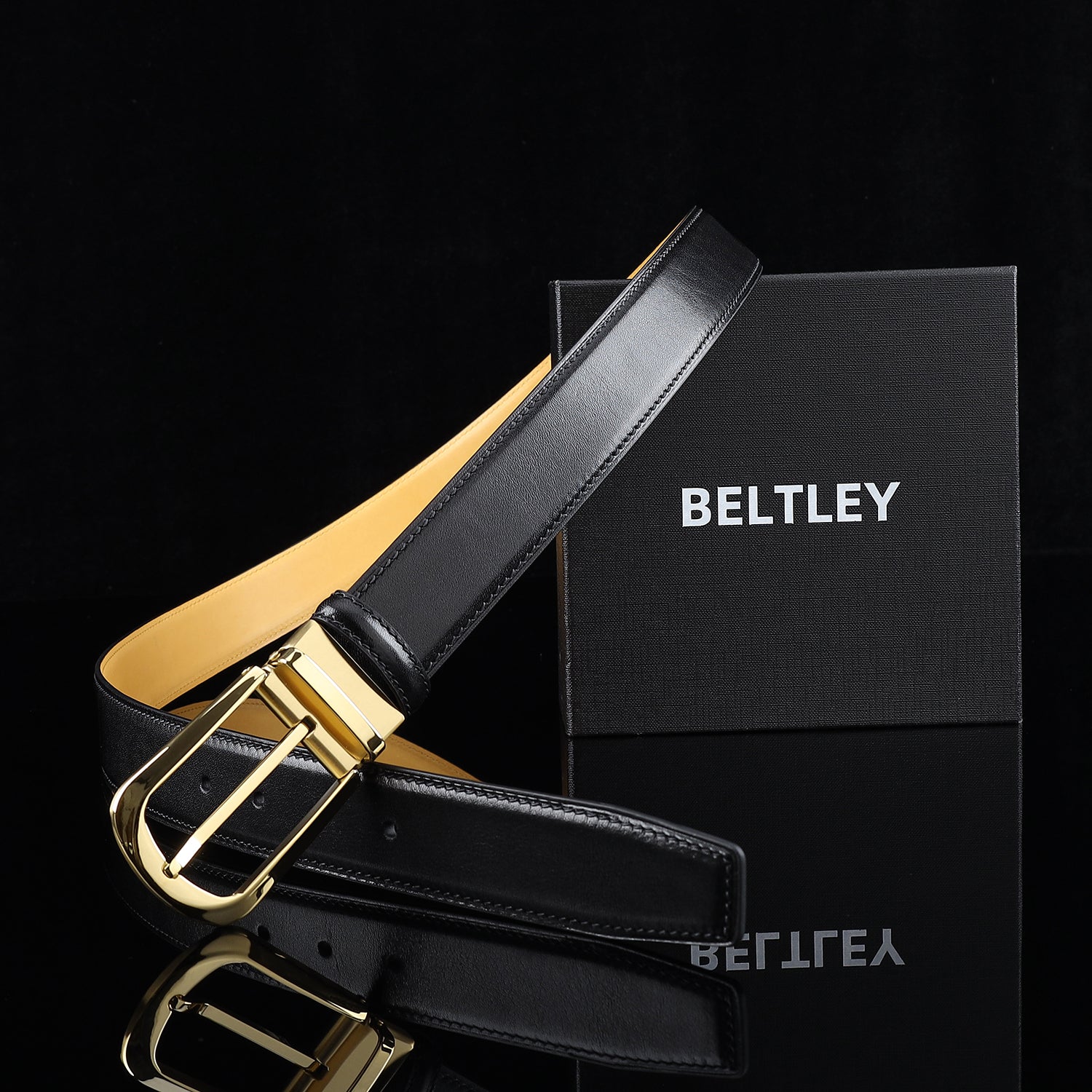 BELTLEY Black Calfskin Dress Belt 1.38" Wide