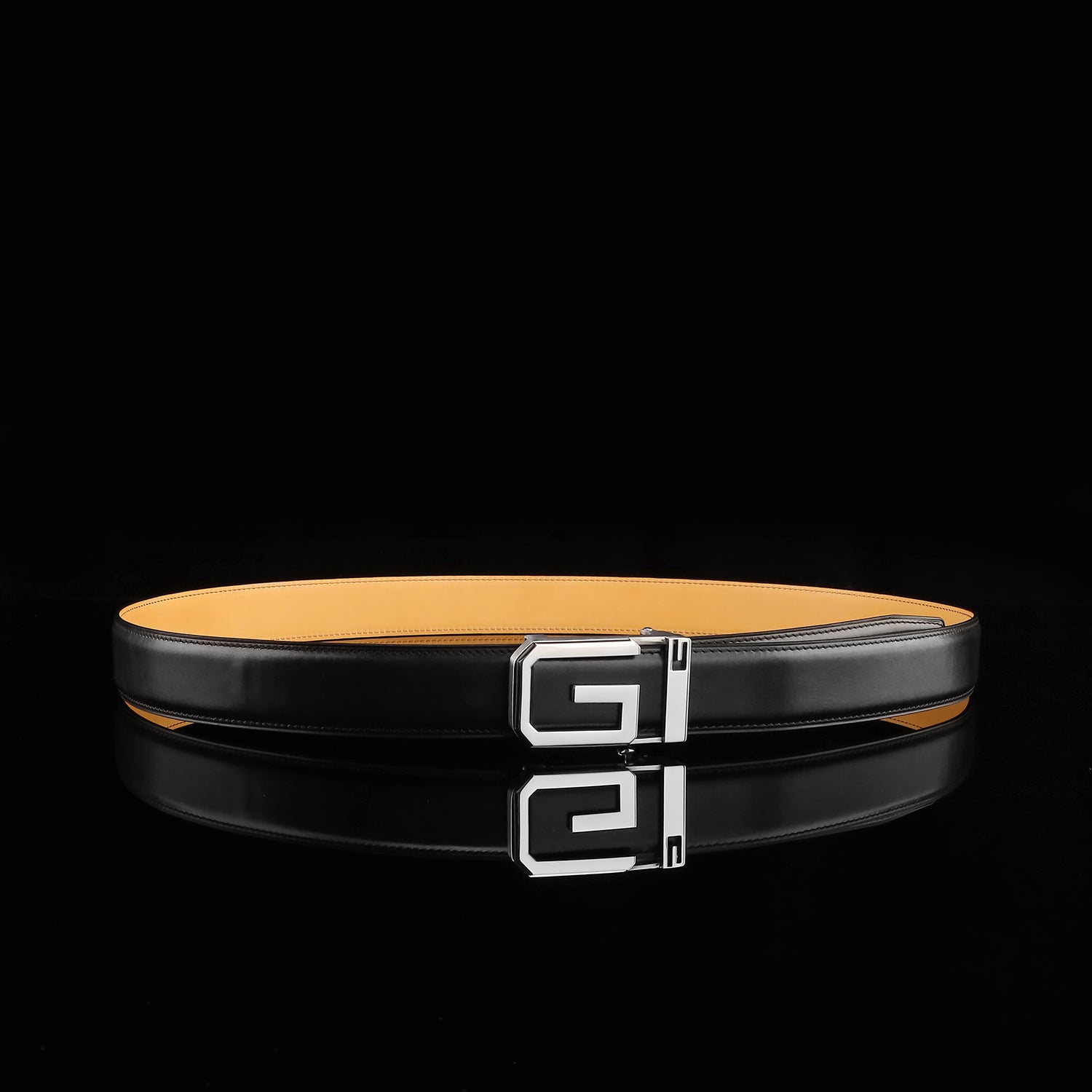 BELTLEY Black Calfskin Leather Belt with  G  Ratchet Buckle