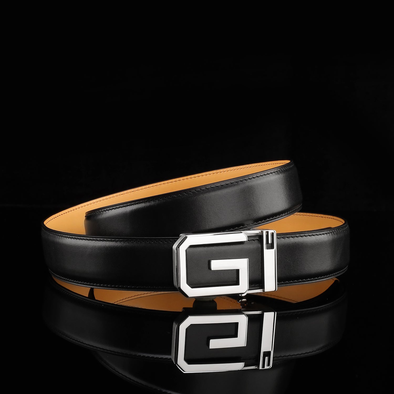 BELTLEY Black Calfskin Leather Belt with  G  Ratchet Buckle