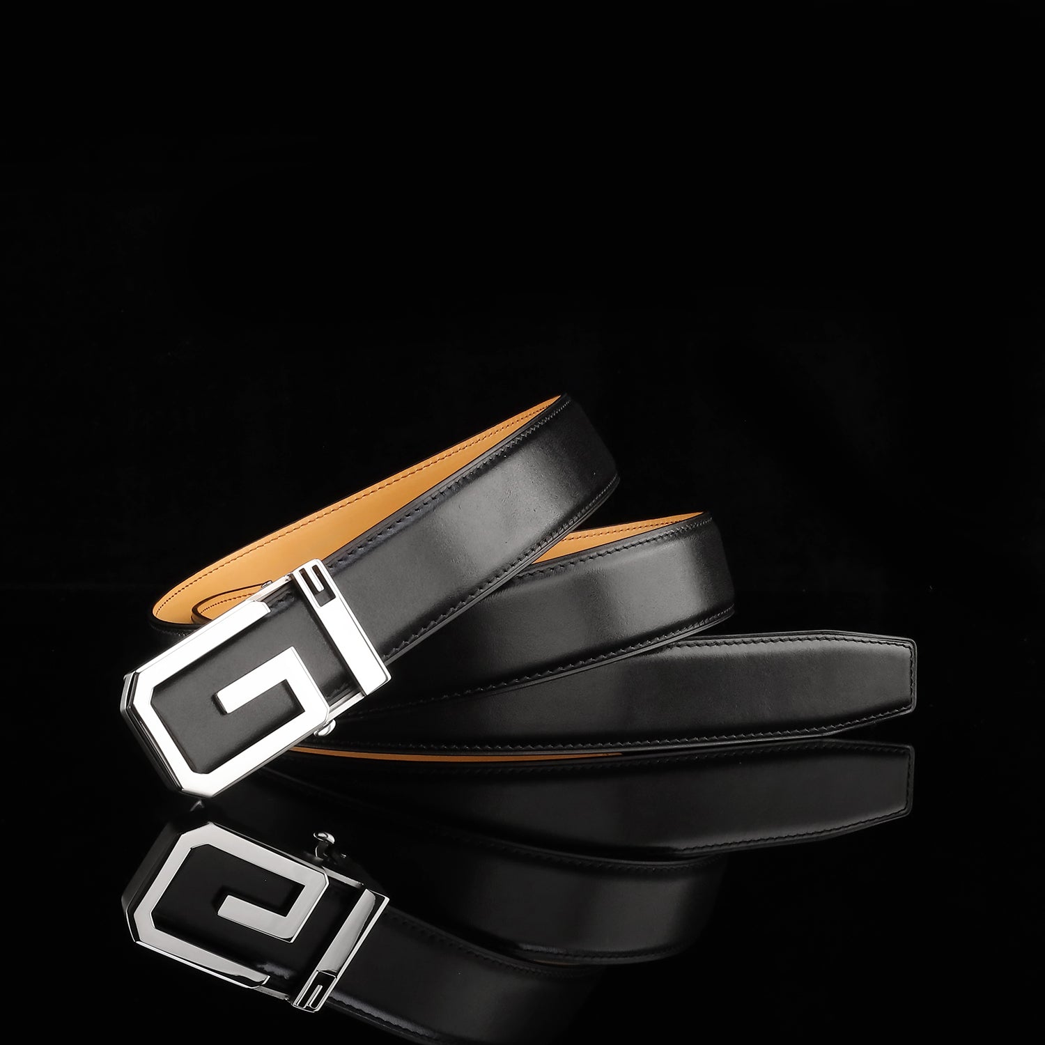 BELTLEY Black Calfskin Leather Belt with  G  Ratchet Buckle