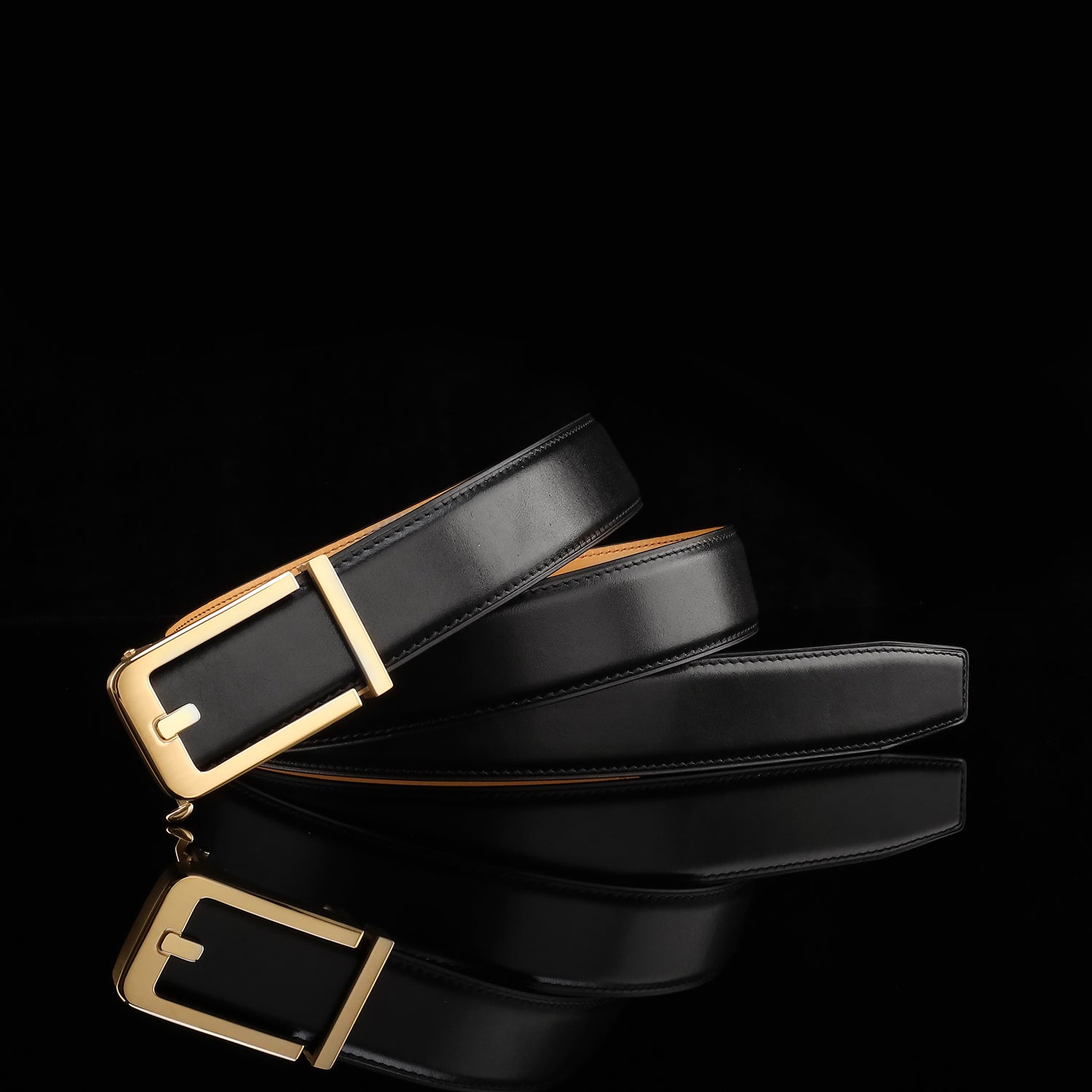 BELTLEY Black Calfskin Leather Belt with Minimal Ratchet Buckle