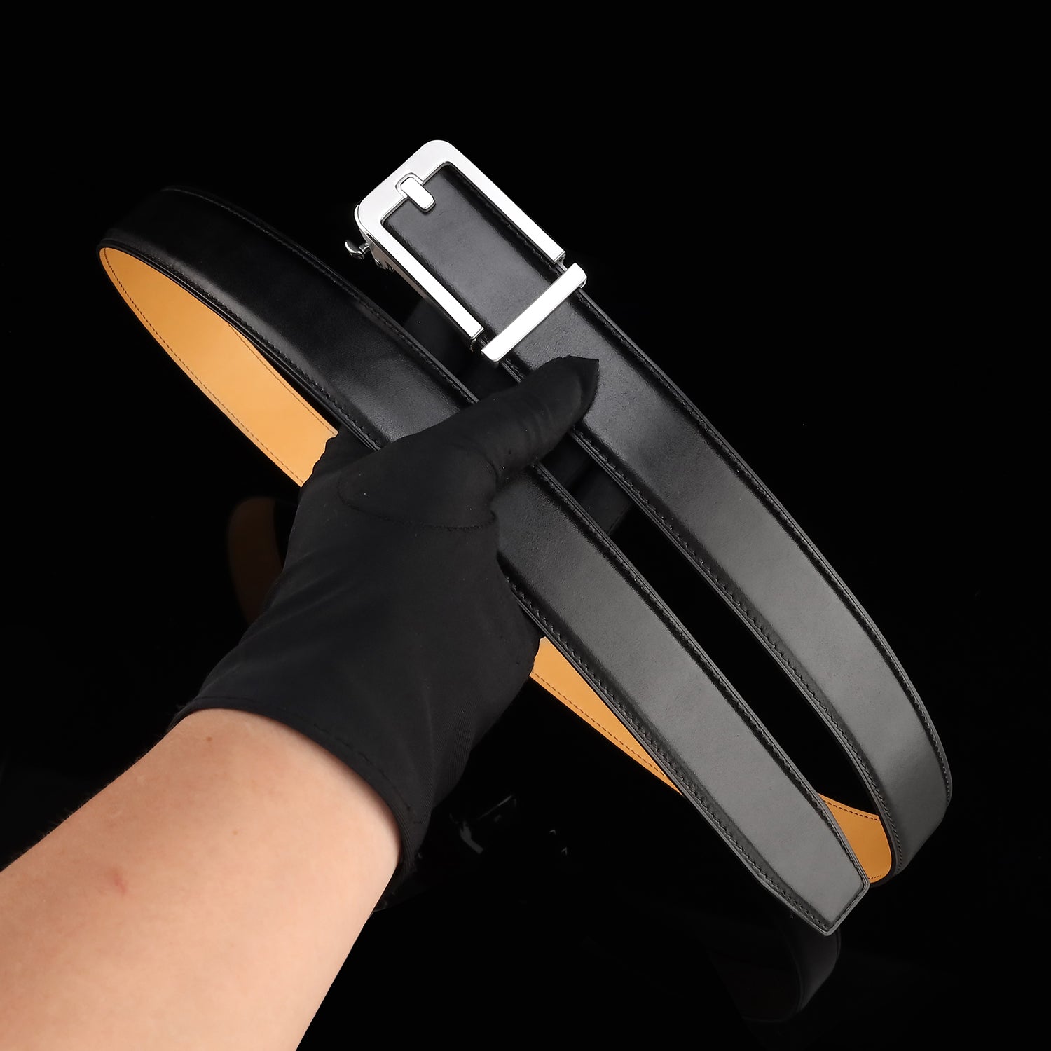 BELTLEY Black Calfskin Leather Belt with Minimal Ratchet Buckle