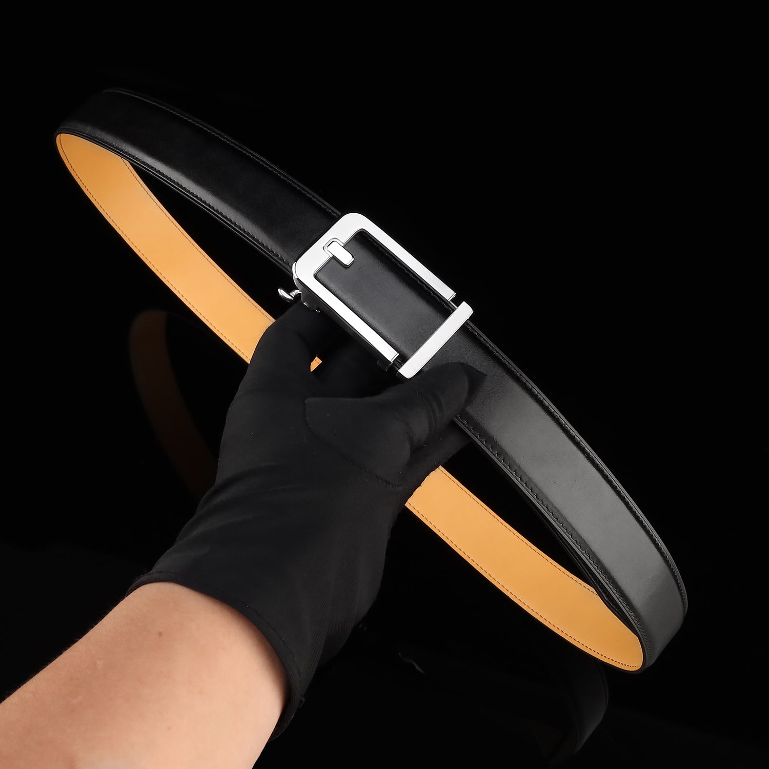BELTLEY Black Calfskin Leather Belt with Minimal Ratchet Buckle