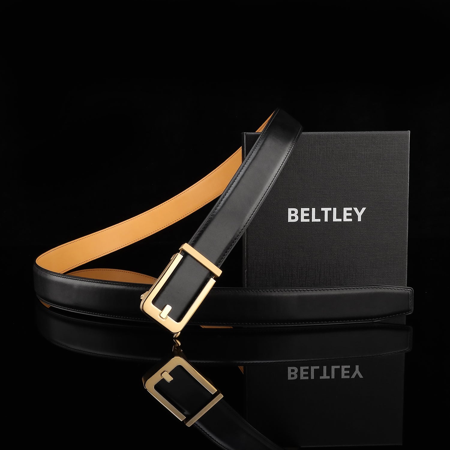 BELTLEY Black Calfskin Leather Belt with Minimal Ratchet Buckle