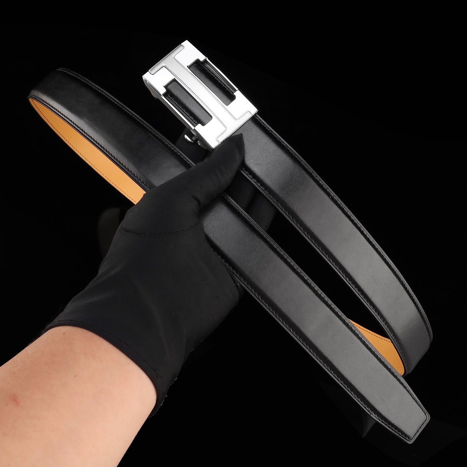 BELTLEY Black Calfskin Leather Belt with Ratchet Buckle