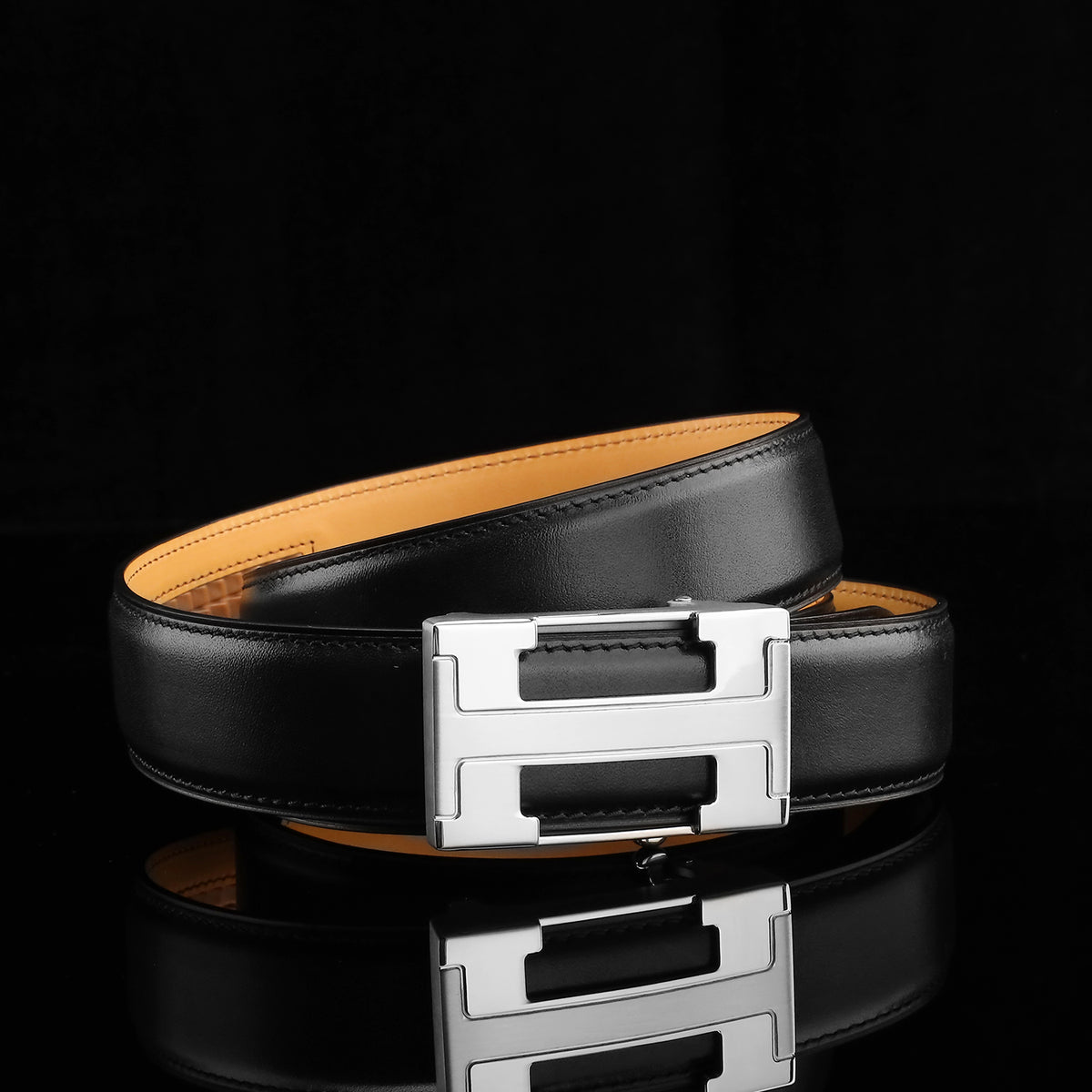 BELTLEY Black Calfskin Leather Belt with Ratchet Buckle