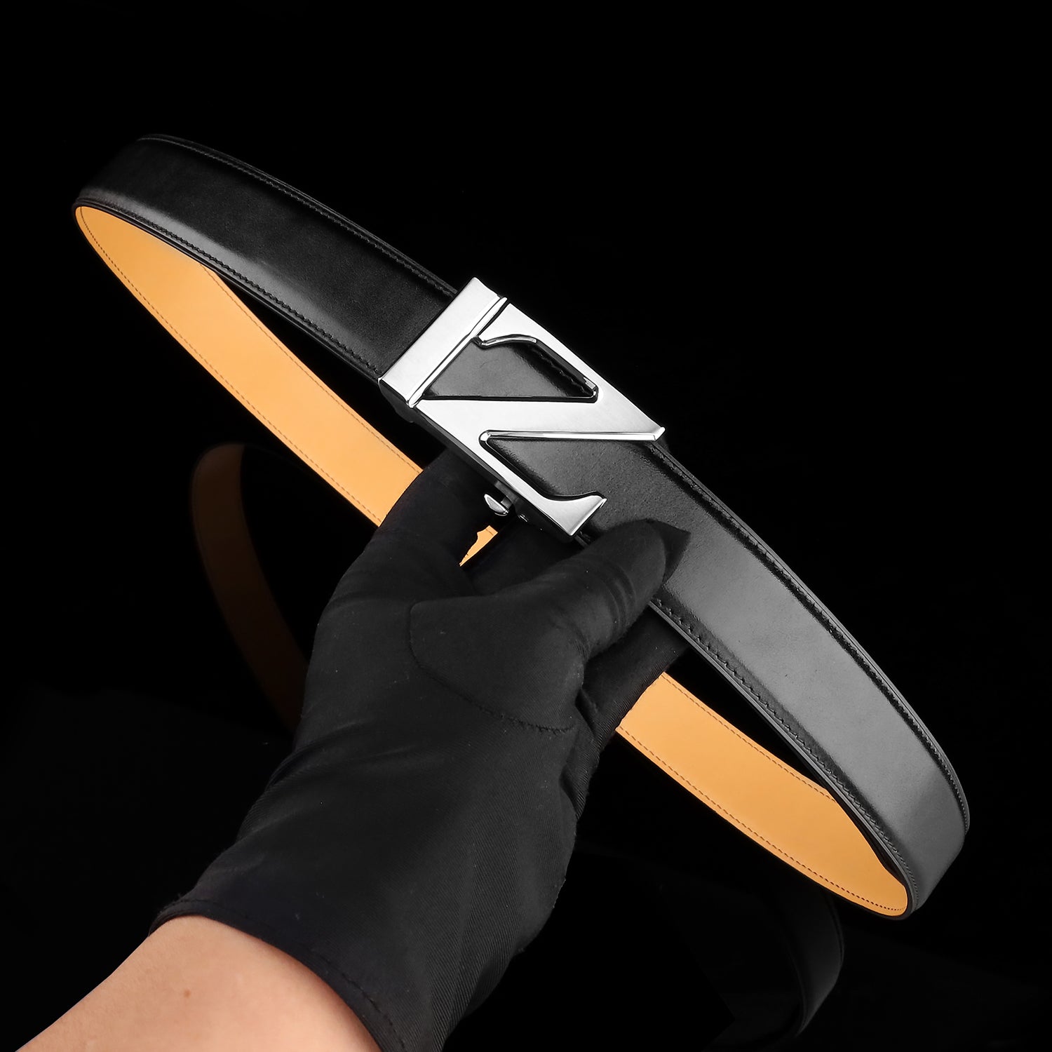 BELTLEY Black Calfskin Leather Belt with Ratchet Z Buckle
