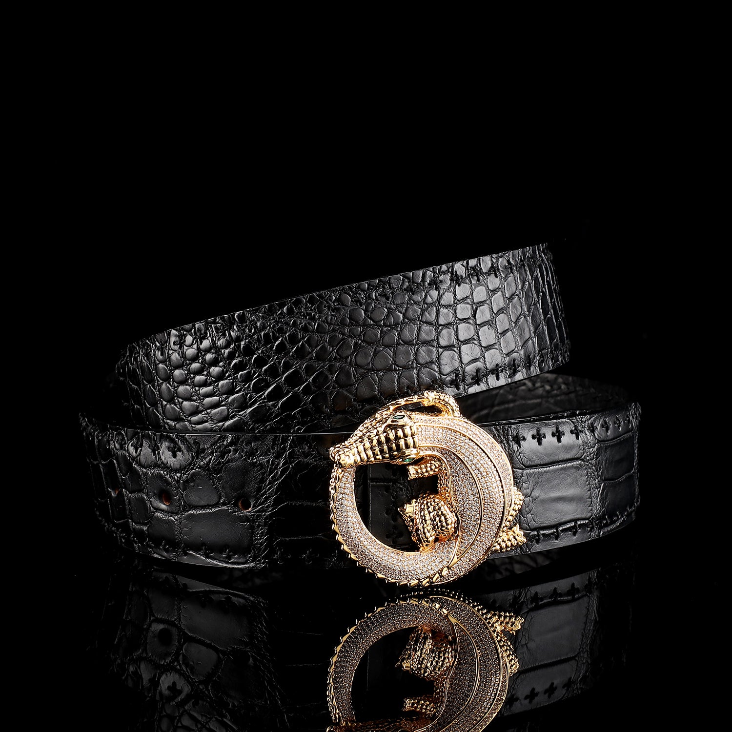 BELTLEY Black Crocodile Leather Belt -Unique BELT Buckle