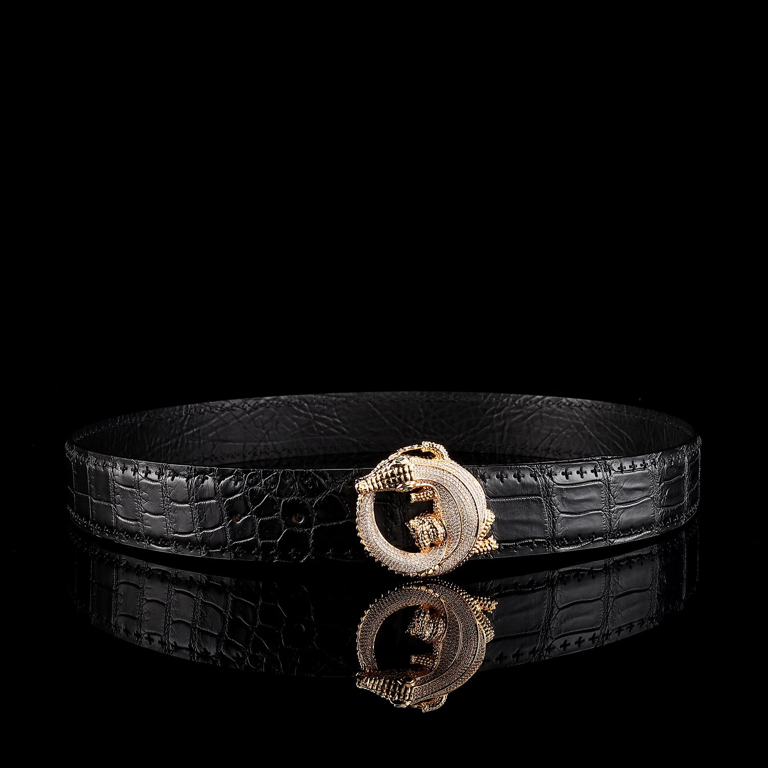 BELTLEY Black Crocodile Leather Belt -Unique BELT Buckle